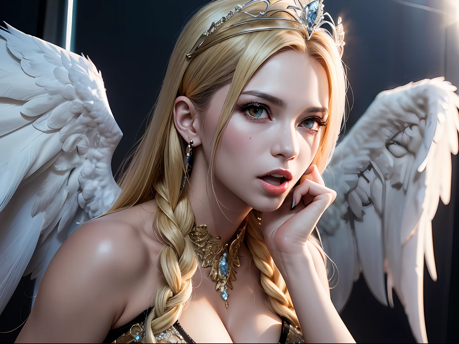 Ultra-detailed complex 3D rendering of the face, (Colossal: 8.8), (masterpiece, top quality, octane rendering, 8K), glamour shot full body image, cleavage, (highly detailed skin: 1.2), (exposure: 1.1), (blonde), (wearing a plummet tank top of gold silk: 1.5)), blonde hair, beautiful Caucasian woman with full soft breasts and white skin, one with big ass, long braided hair, big breasts, dynamic angle, mystical expression, ultra-realistic photography, (((((portrait))), bare feet, futuristic city background, facial muscles, detailed and beautiful queen tiara, in the style of Marvel Comics, clear focus, studio photography, intricate details, highly detailed, detailed yellow eyes, sharp focus, digital rendering, professional, abs, ((((sexy pose))), natural jungle, open mouth lightly, mansle, open crotch, seductive look, angel ring, detailed angel wings, angel ring, detailed mouth inside,