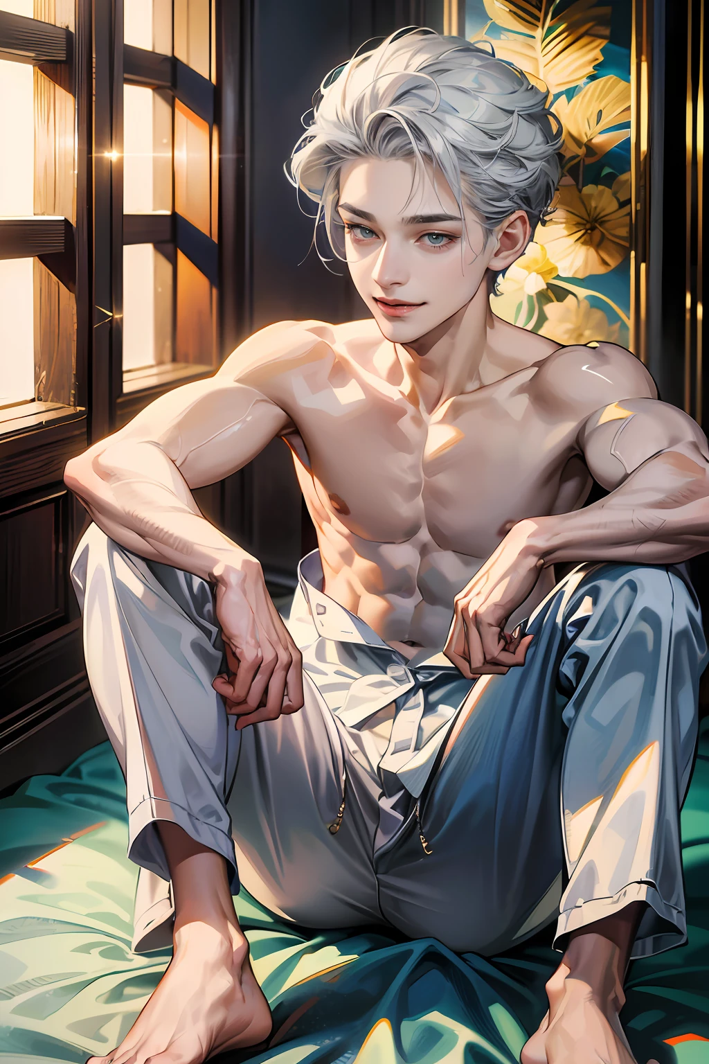 (absurdres, highres, ultra detailed, HDR), masterpiece, best quality, 1boy,, handsome, short hair, spiky hair, finely eye and detailed face, dimple, forehead,  midnight, light smile, full body, satin pajamas, material is shiny,white and grey hair color,topless, open legs