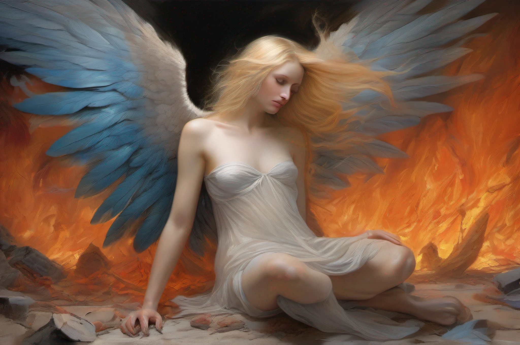A magical realism painting of a fallen female angel with pale skin, long flowing blond hair, and sorrowful blue eyes, kneeling nude with massive fiery wings made of glowing orange and red feathers, slowly turning to ash, wings spread in a futile attempt to take flight as she is wracked with pain and desperation, amidst the crumbling remains of once majestic skyscrapers and temples now reduced to rubble by apocalyptic flames. Use depth of field with the angel in sharp focus to direct the viewer's eye, vibrant saturation in the fire contrasting with muted grays and blacks in the ruins.