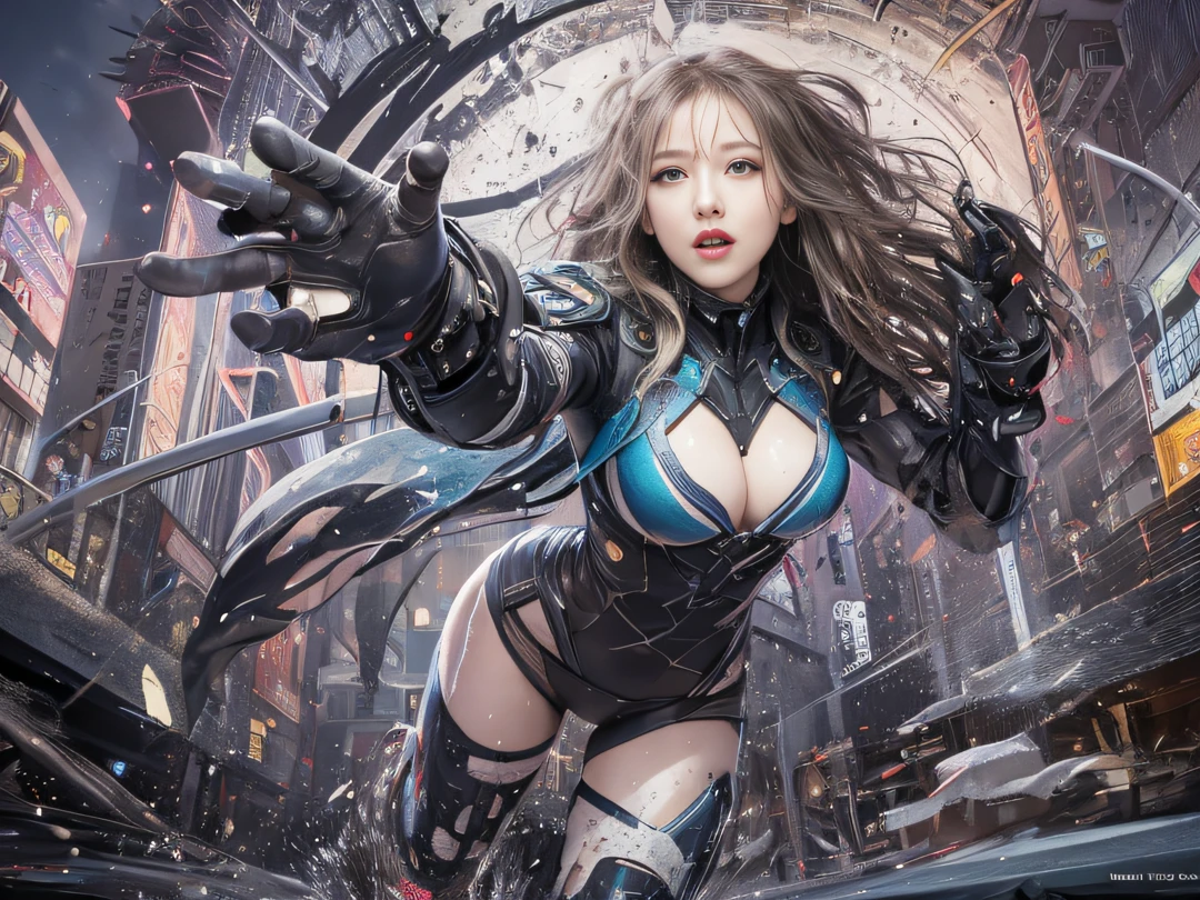 Top image quality, 电影灯光, octan render, ultrasharp, 1 girl in, jpn, embarrased face, glowy skin, Dye your hair in color, Torn futuristic pilot suit, nedium breasts, Simple tattoos, intricately details, Runaway, Running at full speed, Break through glass, Flying shards of glass, cyber punk perssonage, nigh sky，Countless stars twinkle, Shining Milky Way, heavy rain:1.3, 废墟, Laser beam attack, big bang:1.3, Pillar of fire:1.2, A city engulfed in flames, floods, wetting hair:1.5, wetted skin:1.5, water puddles, Detailed eyes, detailed skin textures, Camel Tou, Detailed CG image quality, 8 mm fisheye lens, Angle looking up from below:1.2, (Full-body angle), Get wet all over your body, Fast shutter speed,
