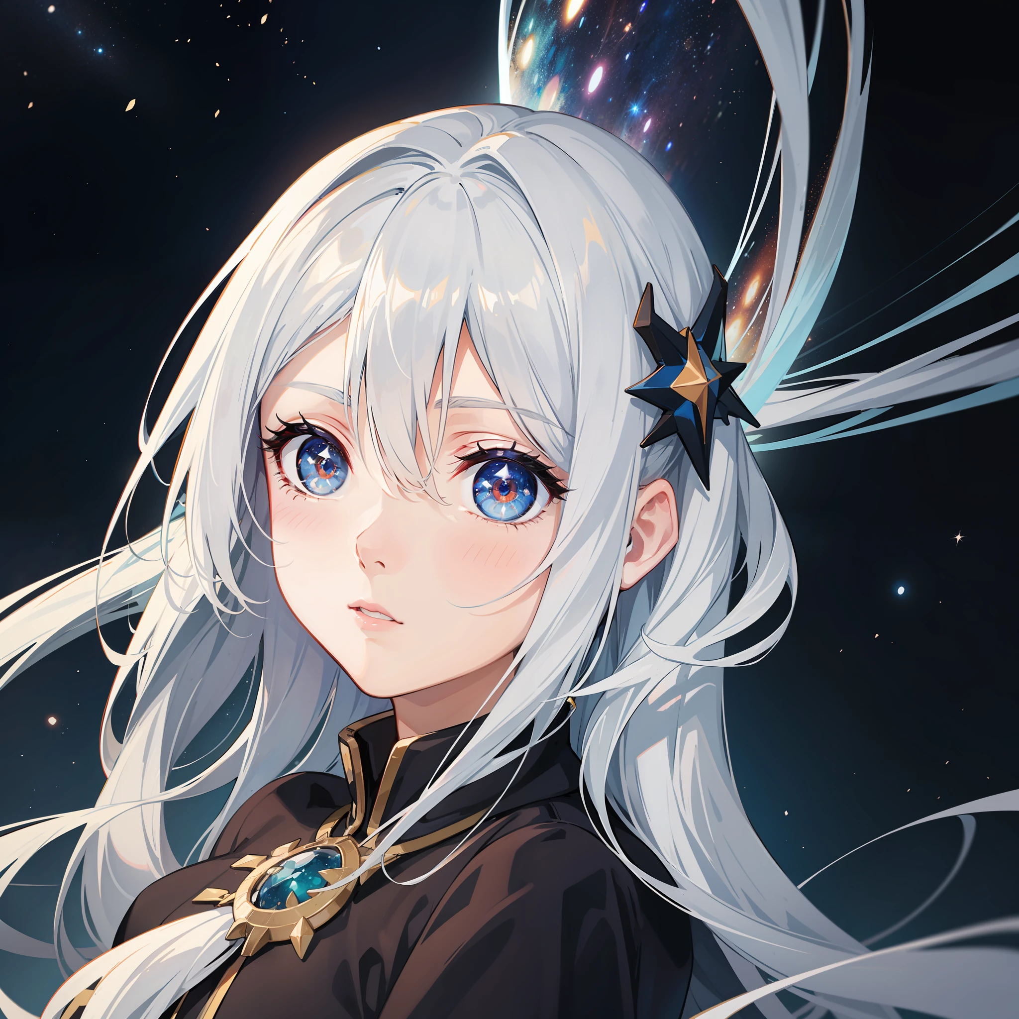 rosto de garota, cabelo loiro, galaxia dentro do olhos, olhos bonitos, olhos detalhados, garota cabelo loiro, fundo de galaxia, anime version
