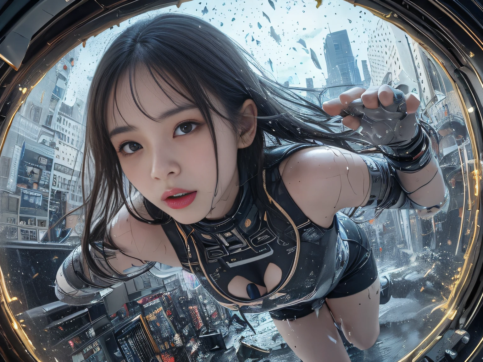 Top image quality, 电影灯光, octan render, ultrasharp, 1 girl in, jpn, embarrased face, glowy skin, Dye your hair in color, Torn futuristic pilot suit, nedium breasts, Simple tattoos, intricately details, Runaway, Running at full speed, Break through glass, Flying shards of glass, cyber punk perssonage, nigh sky,Countless stars twinkle, Shining Milky Way, heavy rain:1.3, 废墟, Laser beam attack, big bang:1.3, Pillar of fire:1.2, A city engulfed in flames, floods, wetting hair:1.5, wetted skin:1.5, water puddles, Detailed eyes, detailed skin textures, Camel Tou, Detailed CG image quality, 8 mm fisheye lens, Angle looking up from below:1.2, (Full-body angle), Get wet all over your body, Fast shutter speed,