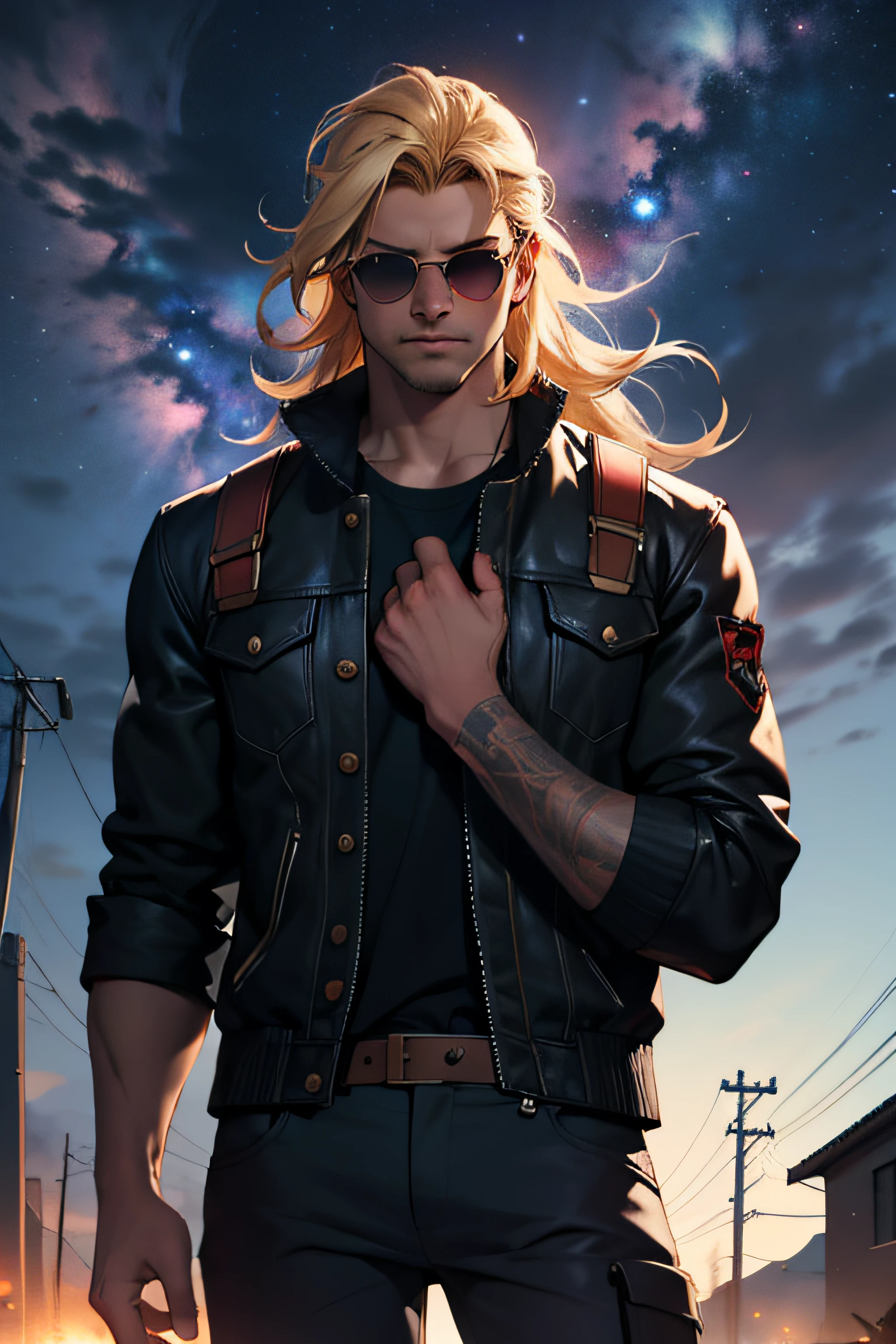 1 solo homem Thor com as roupas de Terry Bogard pretas, with sunglasses, raios ao redor de si, thunder, thunder , cabelo blond, roupas pretas, vestes pretas, Nebula and smoke, black cloth, both hands together holding a lightning bolt, um thunder, tempo fechado, tempo nublado, tempo escuro, cidade, raios ao redor