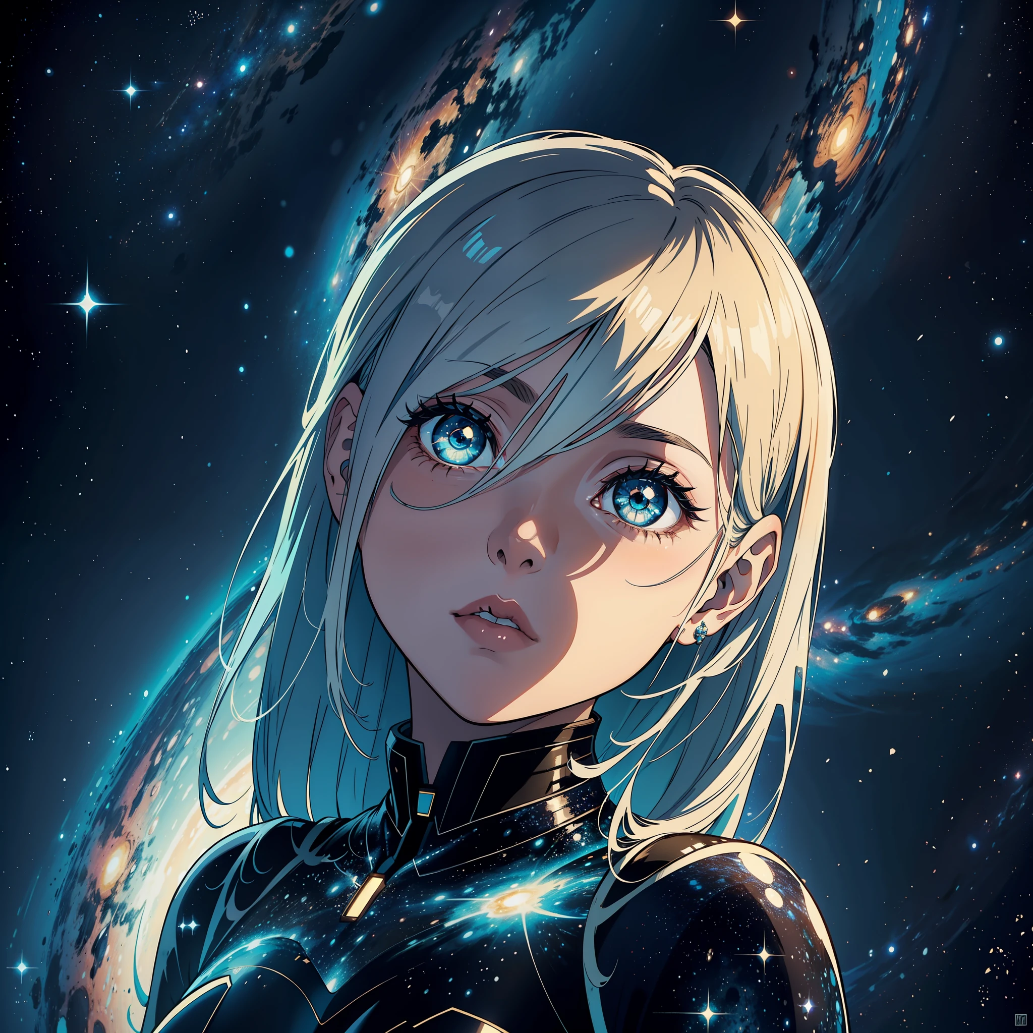 rosto de garota, cabelo loiro, galaxia dentro do olhos, olhos bonitos, olhos detalhados, garota cabelo loiro, fundo de galaxia, anime version