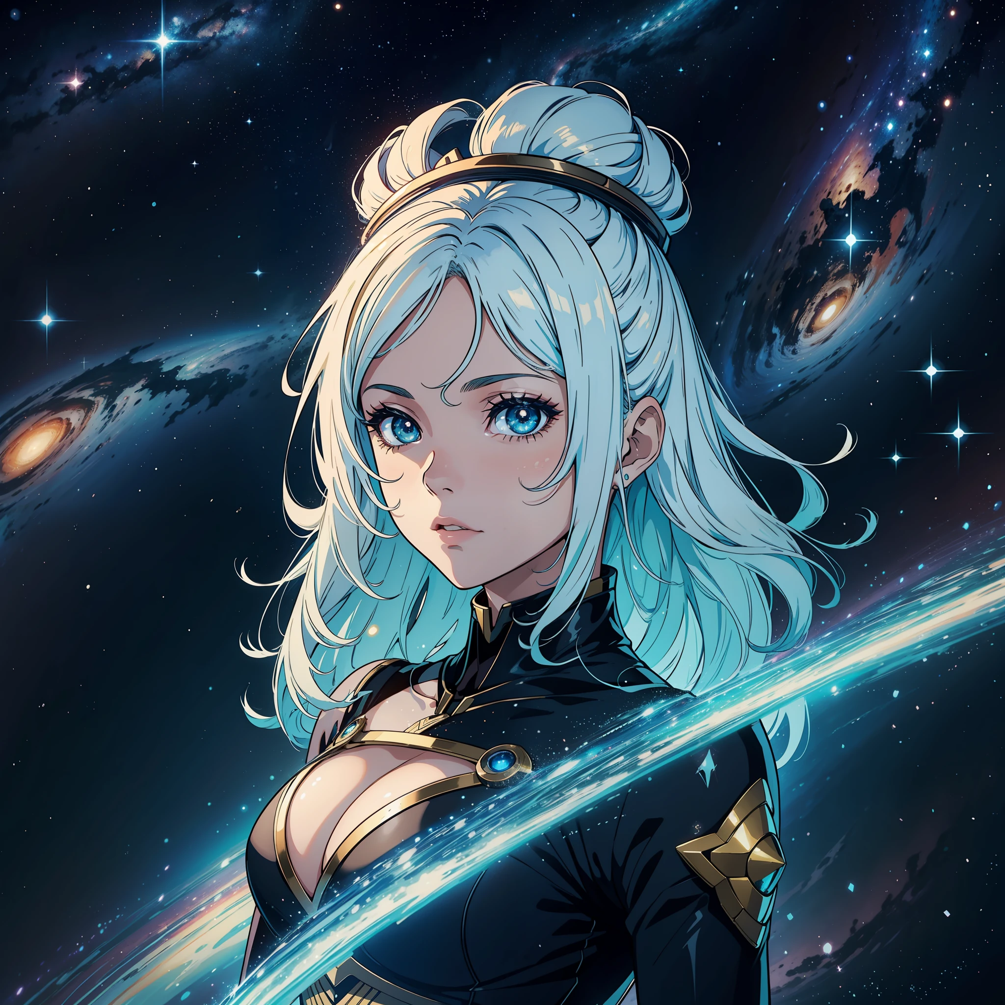 rosto de garota, cabelo loiro, galaxia dentro do olhos, olhos bonitos, olhos detalhados, garota cabelo loiro, fundo de galaxia, anime version