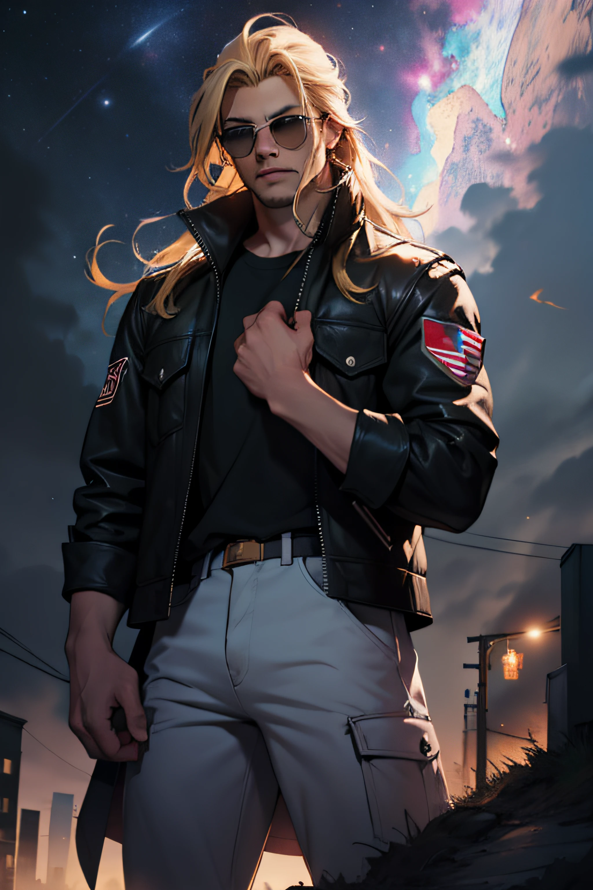 1 solo homem Thor com as roupas de Terry Bogard pretas, with sunglasses, raios ao redor de si, thunder, thunder , cabelo blond, roupas pretas, vestes pretas, Nebula and smoke, black cloth, both hands together holding a lightning bolt, um thunder, tempo fechado, tempo nublado, tempo escuro, cidade, raios ao redor