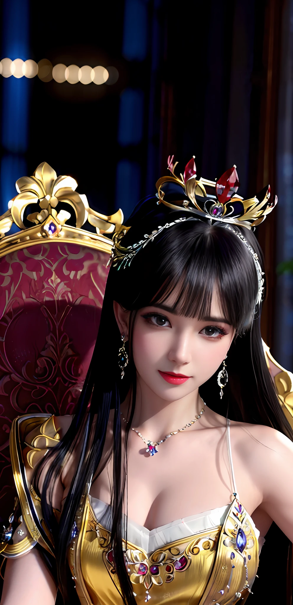 (realisticity: 1.2), ((best resolution: 8K UHD)), best quality, high quality,  masterpiece, highres,cg,
1 super detailed girl, super detailed queen

, sitting on a super detailed royal throne, lud, xurious royal palace background, beautiful and detailed, super detailed long hair, wearing a beautiful and luxurious crown with diamonds and super detailed,

super detailed dress, Super detailed dress sleeves, super detailed beautiful earrings, Beautiful and beautiful necklace full of super detailed diamonds,  
 solo, jewelry, super detailed red and yellow dress, pretty face, beautiful, and super detailed, 

, earrings, super detailed hairdo, splashing, the upper body is very super detailed, super detailed hair bun, super detailed black hair,
lighting,candid,Photograph,high resolution, 8k,Bokeh,