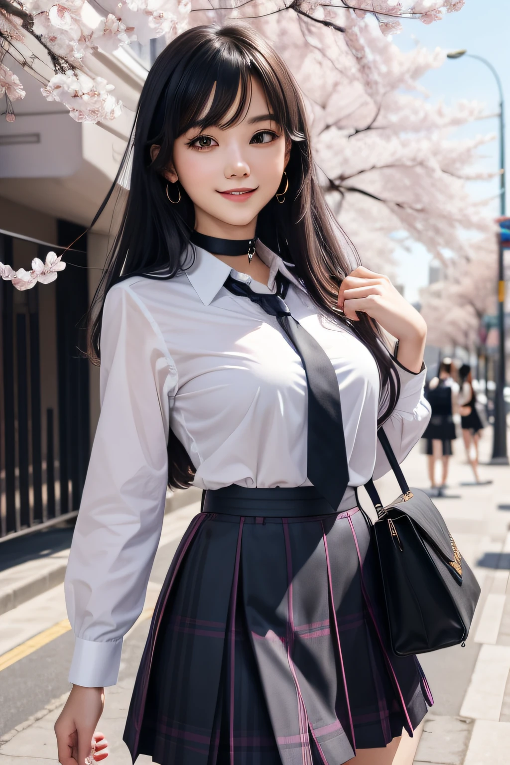 Masterpiece, Best quality, full bodyesbian,
1girll, bangs, pink choker, a blue tie, Black hair, Blue skirt, , Sexy girl, Collared shirt , Dress shirt, Gradient hair, grin, jewelry, kogal, Long hair, Looking up, loose necktie, tiese, Piercing, plaid skirts, Black eyes, school uniform, shirt, Skirt, Smile, Solo, White shirt, street, sky, Cherry blossoms, petals,illustration, (Magazines:1.3), (Cover-style:1.3), Fashionab, woman, Outfit, Pose to teach, Front, Colorful, Dynamic, Background, element in, self-assured, expression, statement, attention-grabbing, Stylish, font, Hot, Larger, astounding, modern, Trendy, Focus, Fashion,