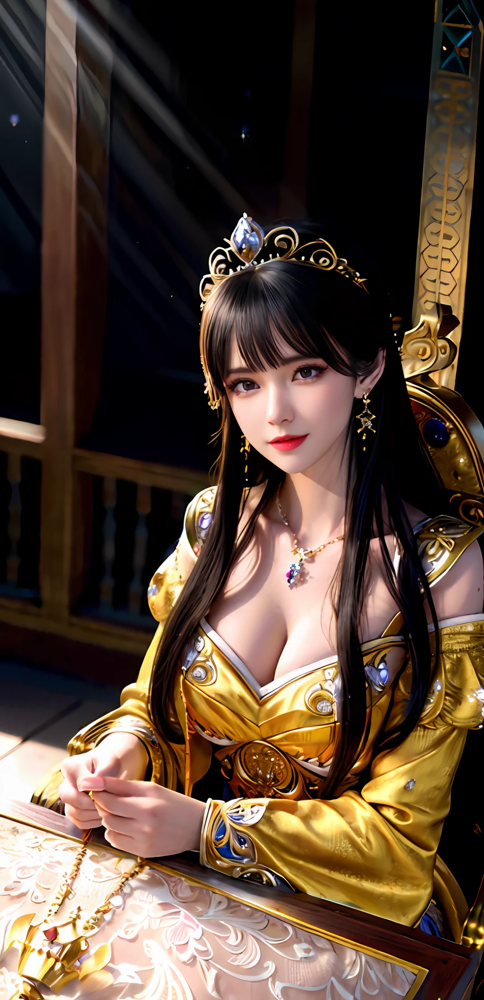 (realisticity: 1.2), ((best resolution: 8K UHD)), best quality, high quality, masterpiece, highres,cg,
1 super detailed girl, super detailed queen
, sitting on a super detailed royal throne, lud, xurious royal palace background, beautiful and detailed, super detailed long hair, wearing a beautiful and luxurious crown with diamonds and super detailed,
super detailed dress, Super detailed dress sleeves, super detailed beautiful earrings, Beautiful and beautiful necklace full of super detailed diamonds,
solo, jewelry, super detailed red and yellow dress, pretty face, beautiful, and super detailed,
, earrings, super detailed hairdo, splashing, the upper body is very super detailed, super detailed hair bun, super detailed black hair,
lighting,candid,Photograph,high resolution, 8k,Bokeh,