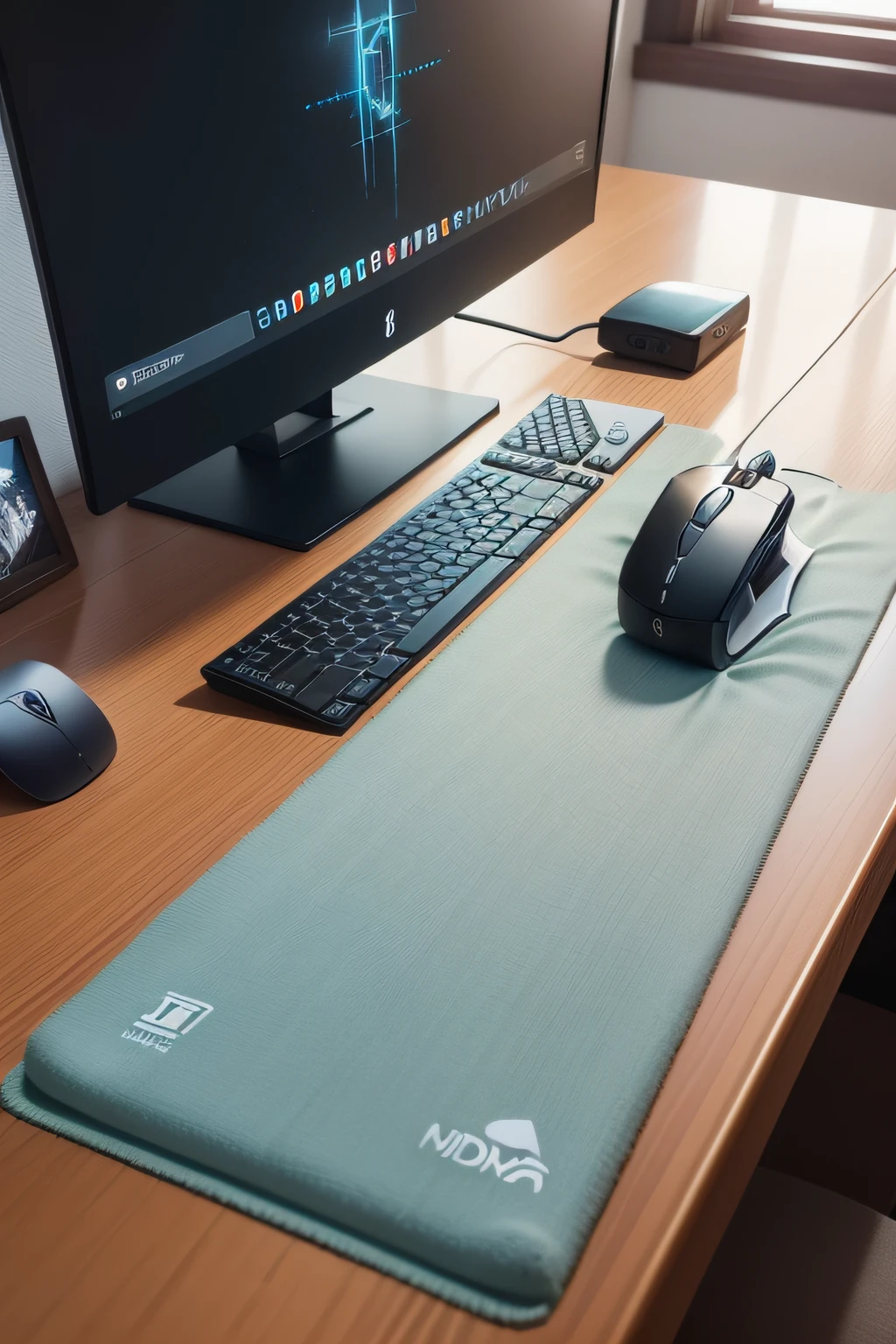 ESK Wool Pad , tapete de mesa para gamers , Photo with high reolution, best quality wool, com mouse e computador por cima, fotografia para venda , material de qualidade , high sales conversion