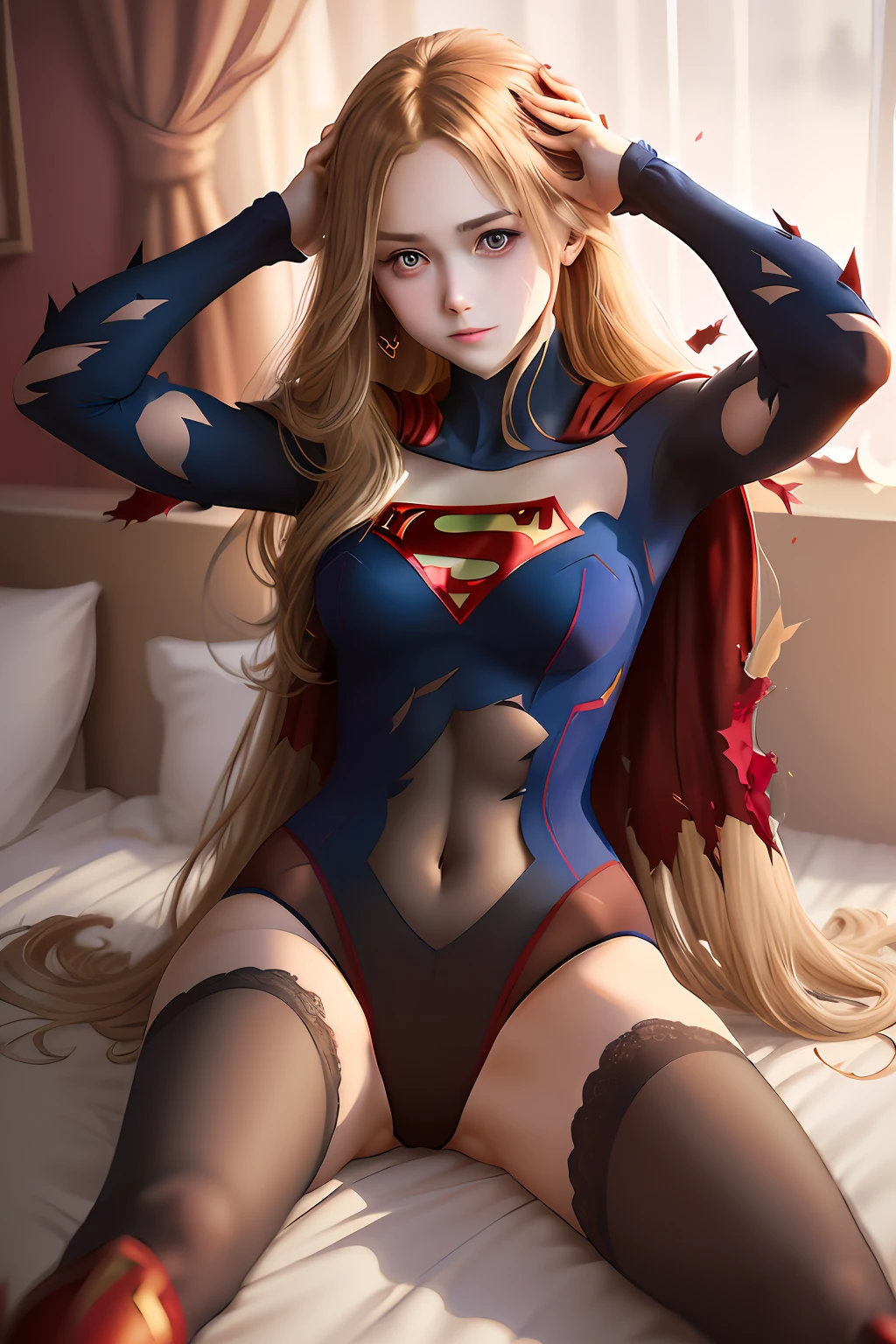 8k，best qualtiy，Real pictures，Complicated details，ultra - detailed，超高分辨率，Depth field，（真实感，fidelity：1.2），tmasterpiece，1girl，Supergirl，super heroes，Arms crossed at the waist，realisticlying，red capelet，Photo of tights，reddress，Red boots，lacepantyhose，eBlue eyes，blond hairbl，cparted lips，long whitr hair，独奏，full bodyesbian, torn cloth,  Spread legs, hand behind head, Underarms, Long hair,Heart-shaped pupils, Torn clothes, torn legwear, 裸露的女生，upper legs,Pathetic, cum on bodyl