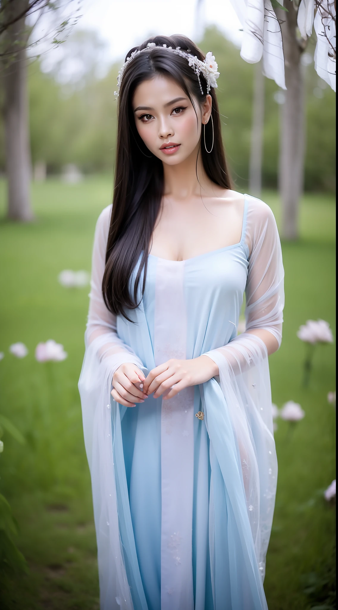 Fashion model 14 years old [[[[closeup cleavage]]]], [[[[boobgasm]]]], [[[[coll]]]], [[[[bshoulders]]]], perfect  eyes, Perfect iris，Perfect lips，perfect teeth，Perfect skin，Long face，slender nose，Soft front light，hdr，Movie girl，long whitr hair，Long hair with a shawl，The background is grass and flowers，（pastel colour：1.2）