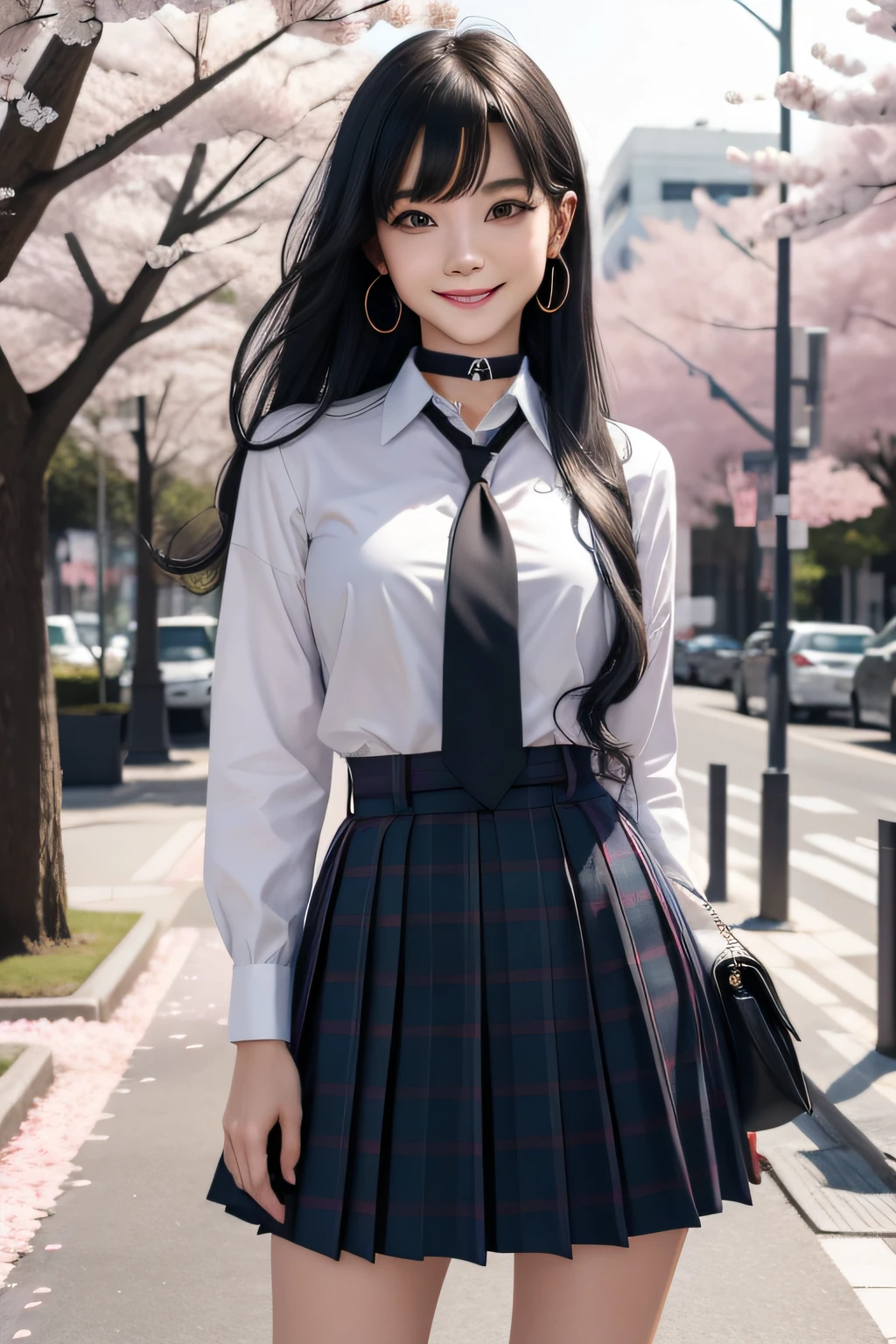 Masterpiece, Best quality, full bodyesbian,
1girll, bangs, pink choker, a blue tie, Black hair, Blue skirt, , Sexy girl, Collared shirt , Dress shirt, Gradient hair, grin, jewelry, kogal, Long hair, Looking up, loose necktie, tiese, Piercing, plaid skirts, Black eyes, school uniform, shirt, Skirt, Smile, Solo, White shirt, street, sky, Cherry blossoms, petals,illustration, (Magazines:1.3), (Cover-style:1.3), Fashionab, woman, Outfit, Pose to teach, Front, Colorful, Dynamic, Background, element in, self-assured, expression, statement, attention-grabbing, Stylish, font, Hot, Larger, astounding, modern, Trendy, Focus, Fashion,