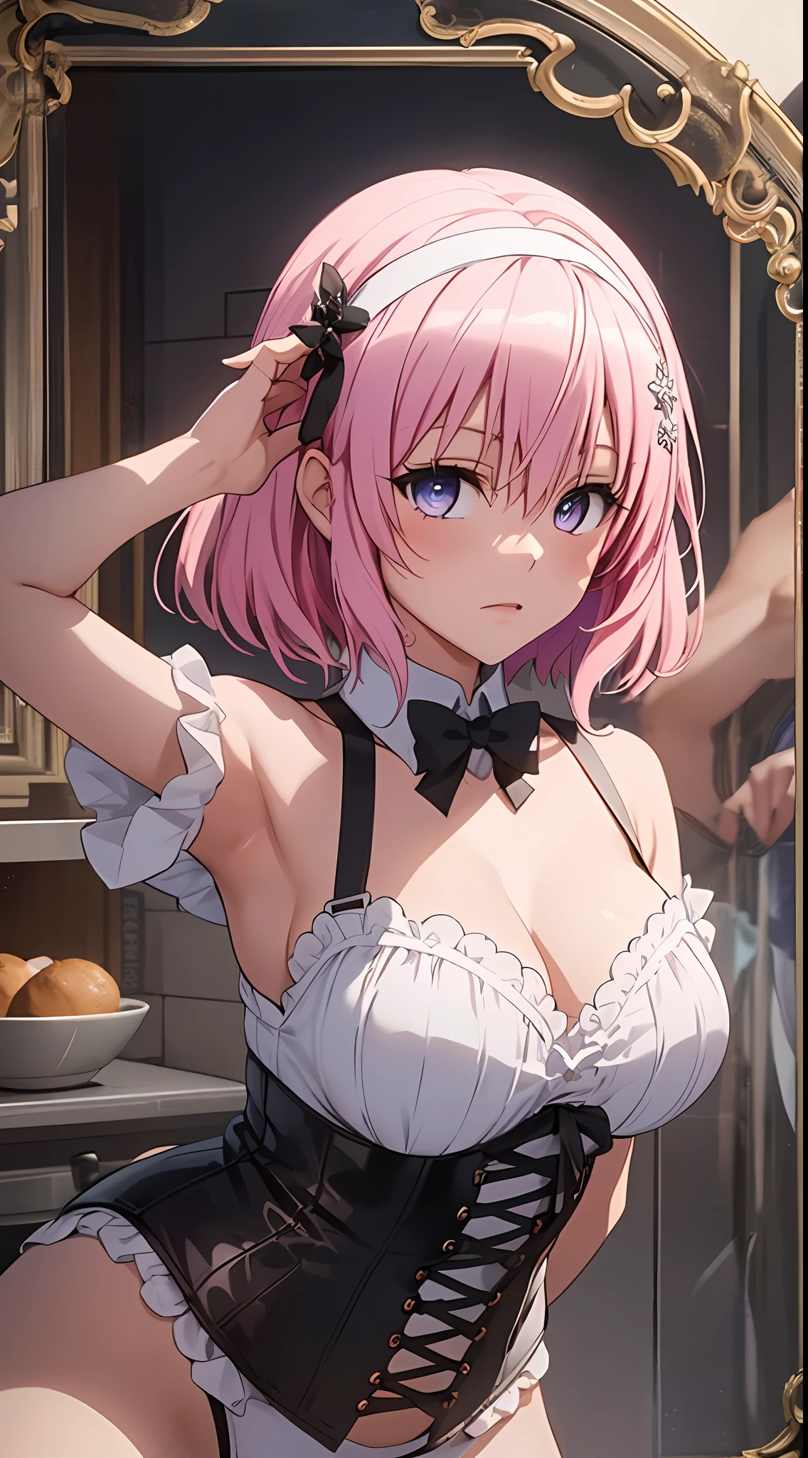 Mast, best quality, 1 girl, momo belia deviluke\ (to love ru), glass pink hair, glass eyes, short hair, headband, hair accessories, looking at the audience, front view, hands out if frame, white undergarments, black corset