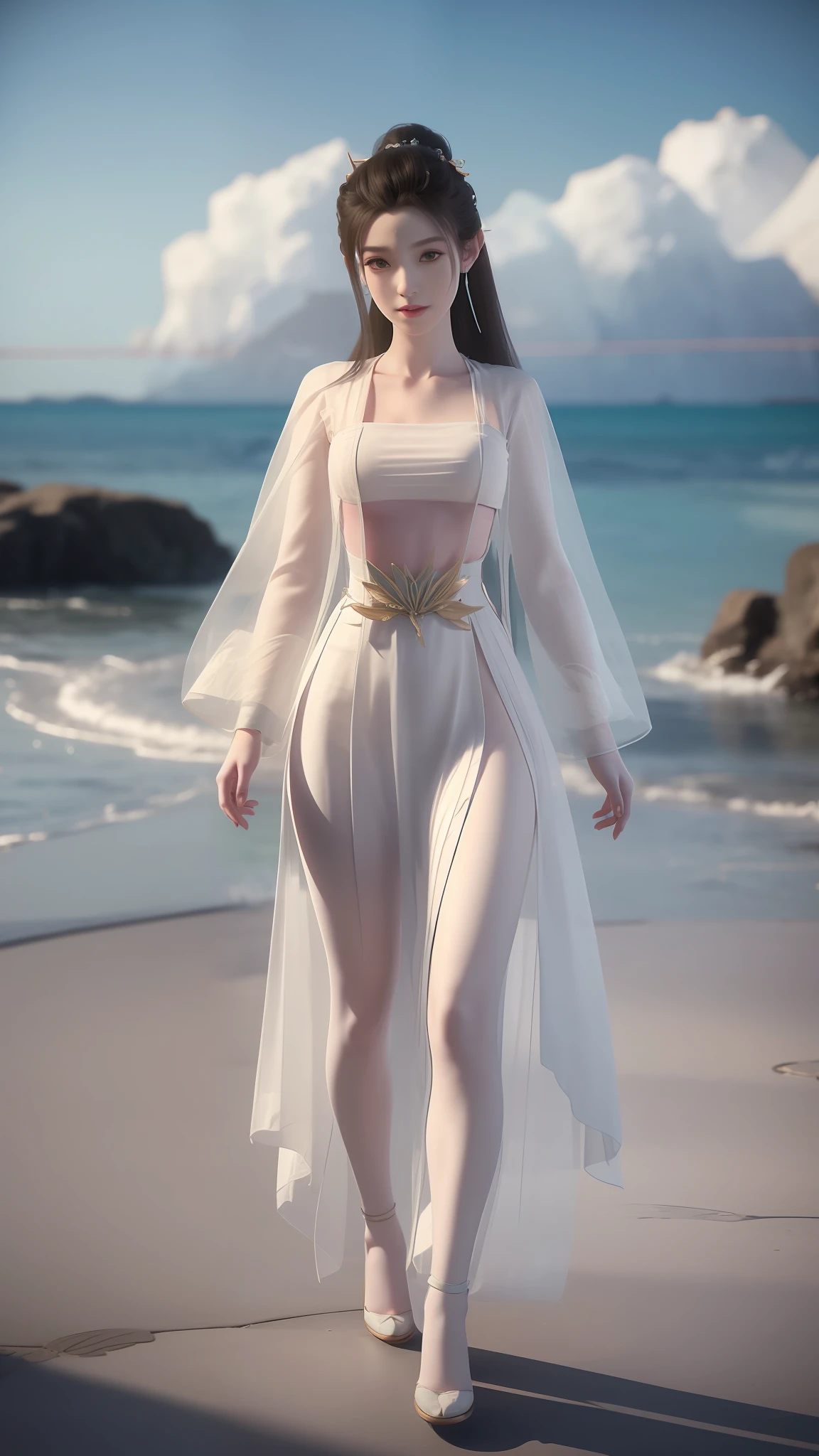 Anime girl in white dress walking on beach, Inspired by 3D renderings by Cynthia Shepard, Trend of CGsociety, Fantasy art, fantasyoutfit, fantasy style clothing, 3 D rendering character art 8 K, realistic fantasy rendering, stuning fantasy 3 d render, wearing fantasy clothing, render of a cute 3d anime girl, 8K high quality detailed art