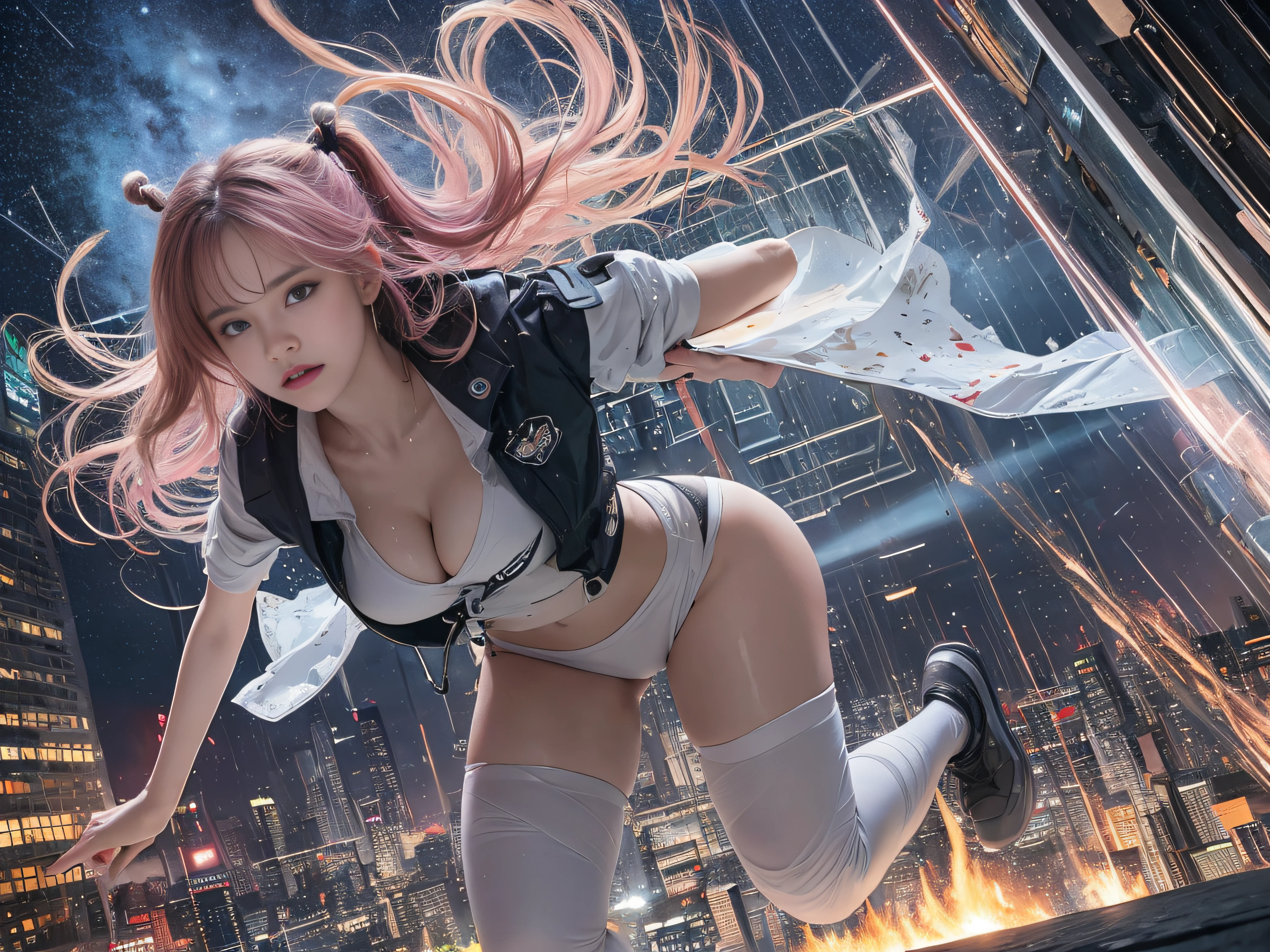 Top image quality, 电影灯光, octan render, ultrasharp, 1 girl in, japanes, embarassed face, glowy skin, length hair, Torn white latex suit, cleavage of the breast, Pink enamel jacket, Futuristic hair ornament, Simple tattoos, intricate detailes, Runaway, Running at full speed, Breaking through the glass, Shards of flying glass, cyberpunked, Night sky with countless stars twinkling, Shining Milky Way, Heavy rain:1.3, Ruins, Laser beam attack, big explosion:1.3, Pillar of fire:1.2, A city engulfed in flames, floods, wetting hair:1.5, wetted skin:1.5, puddle, Detailed eyes, detailed skin textures, cammel toe, Detailed CG image quality, 8mm fisheye lens, Angle looking up from below:1.2, (Full Body Angle), The whole body is soaking wet, Fast shutter speed,