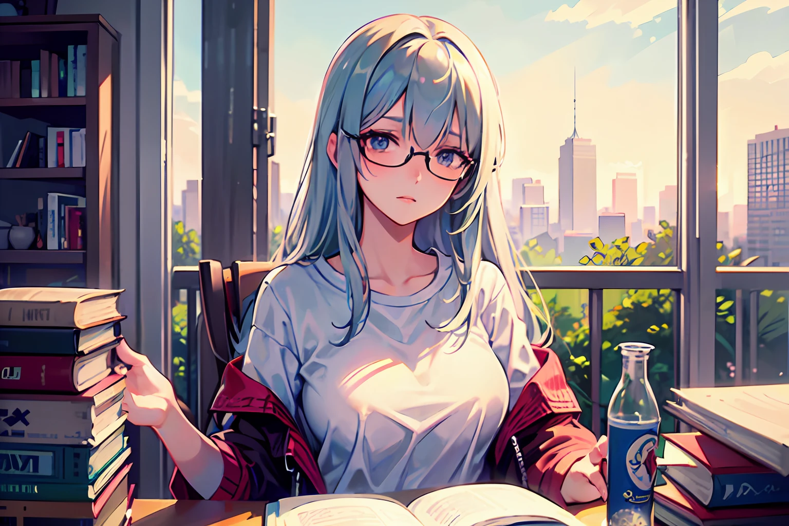 sagiri, a college girl with glasses sitting on the chaird, white dyed hair, white shirt, b cup boobs, tired, bridge, books, messy, alone, upper body shot, best masterpiece, best quality, lofi portrait, digital anime illustration, detailed digital anime art, anime portrait, anime moe artstyle, realistic anime art style, anime realism style, semirealistic anime style, anime character portrait, high quality anime artstyle