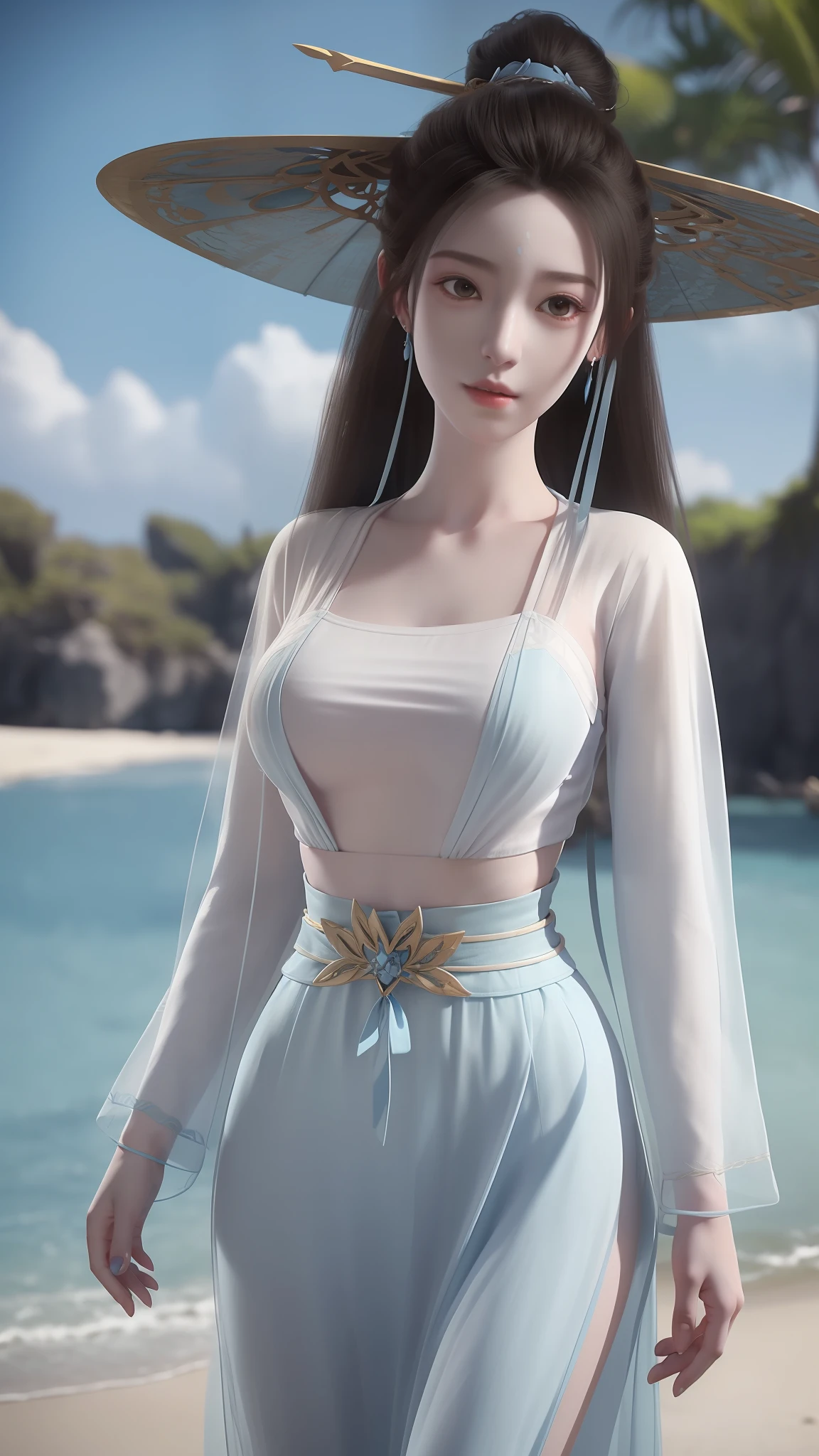 Arad woman in blue dress and white shirt walking on the beach, photorealistic anime girl rendering, render of a cute 3d anime girl, 3 D rendering character art 8 K, realistic fantasy rendering, Costume with blue accents, wearing fantasy clothing, fantasyoutfit, fantasy style clothing, hyper-detailed fantasy character, stuning fantasy 3 d render