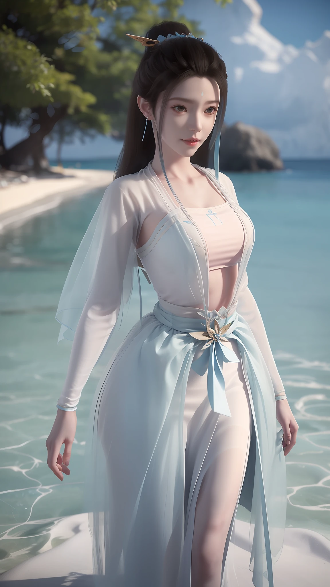 Arad woman in blue dress and white shirt walking on the beach, photorealistic anime girl rendering, render of a cute 3d anime girl, 3 D rendering character art 8 K, realistic fantasy rendering, Costume with blue accents, wearing fantasy clothing, fantasyoutfit, fantasy style clothing, hyper-detailed fantasy character, stuning fantasy 3 d render