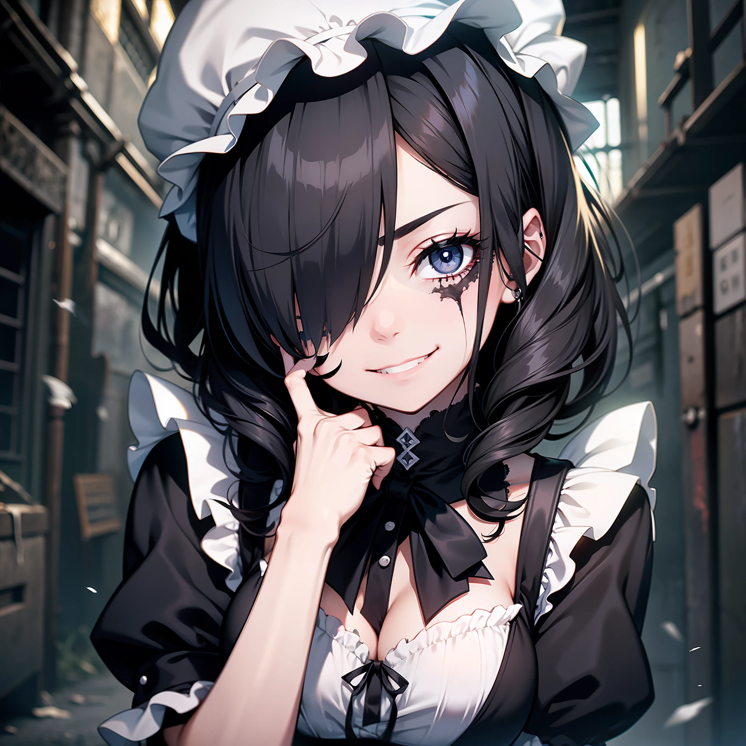 An undead maid with dead gray skin and a sweet smile, one eye hidden by her black hair. she is a zombie maid