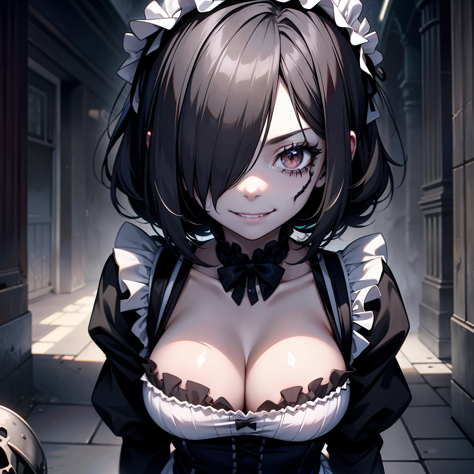 An undead maid with dead gray skin and a sweet smile, one eye hidden by her black hair. she is a zombie maid