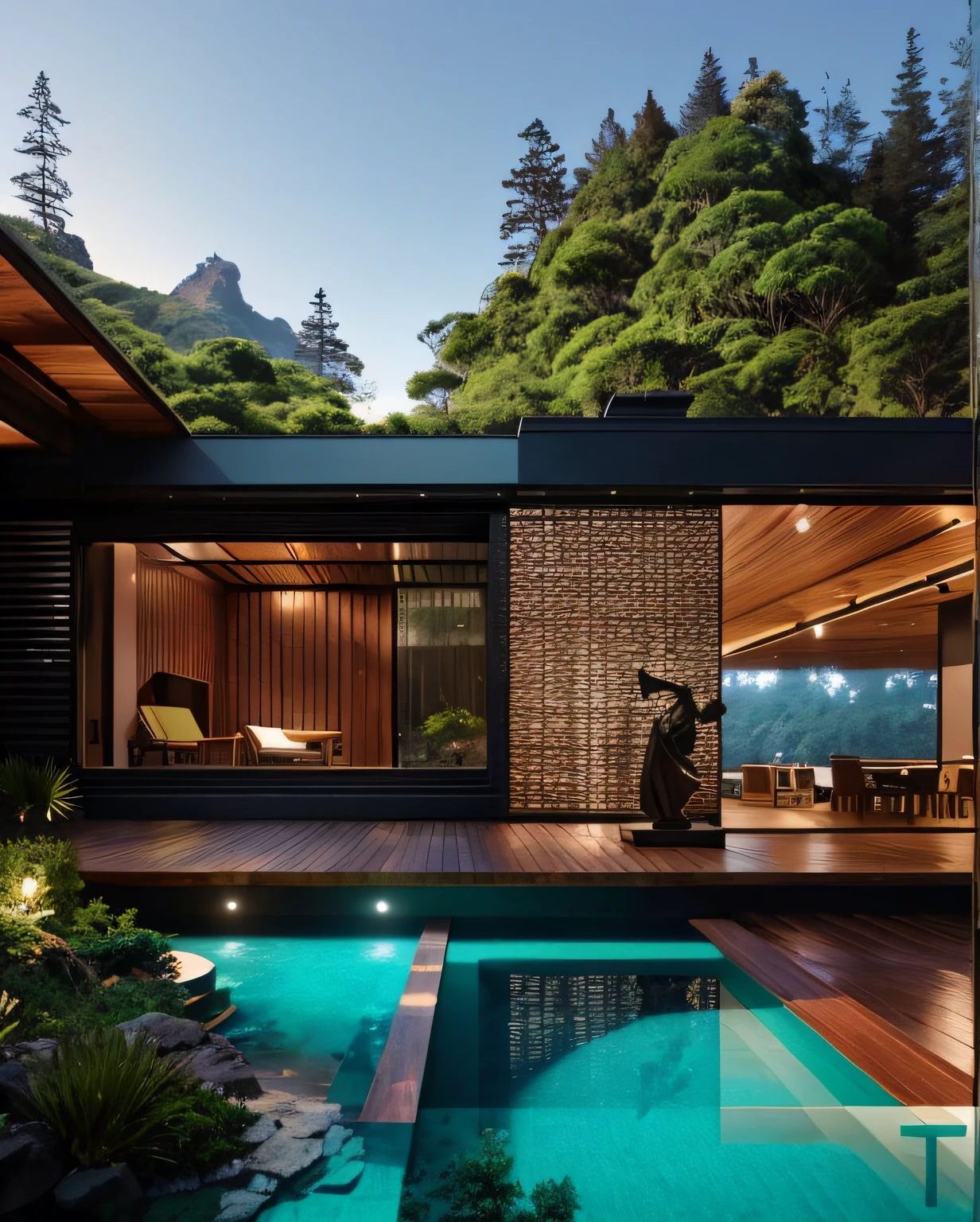 a view from a wooden deck with a statue of a man on it, Casa moderna na madeira, Casa na floresta, Casa minimalista na madeira, bela casa em um caminho da floresta, Casa na Madeira, construir em uma floresta perto de um lago, natureza encontra arquitetura, A casa na floresta, integrado nas montanhas, stunning render, 8K landscape rendering