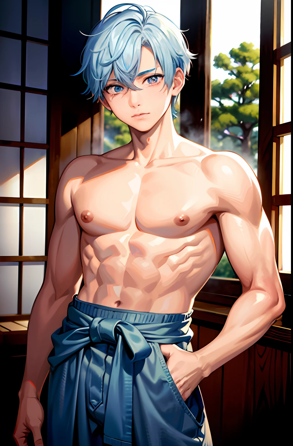 masterpiece, best quality, high quality, 1boy,,, male focus, full body, looking at viewer, white blue hair,spiky hairstyle, short hair, steam smork, japan style, anime coloring, crying, home muji style, detailed face, topless, white towel on waist,finely eye and detailed face,bulge