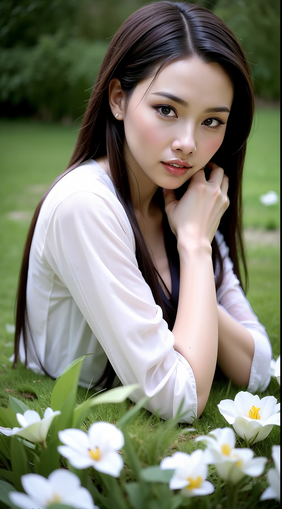 Fashion model s old [[[[closeup cleavage]]]], [[[[boobgasm]]]], [[[[coll]]]], [[[[bshoulders]]]], perfect  eyes, Perfect iris，Perfect lips，perfect teeth，Perfect skin，Long face，slender nose，Soft front light，hdr，Movie girl，long whitr hair，Long hair with a shawl，The background is grass and flowers，（pastel colour：1.2）