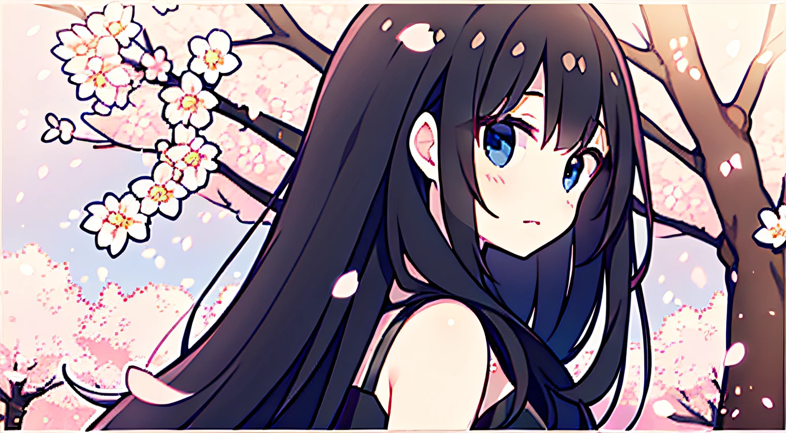 a pregirl,black hair longhair,Stand under the cherry blossom trees,Watch the petals fall,Faraway view