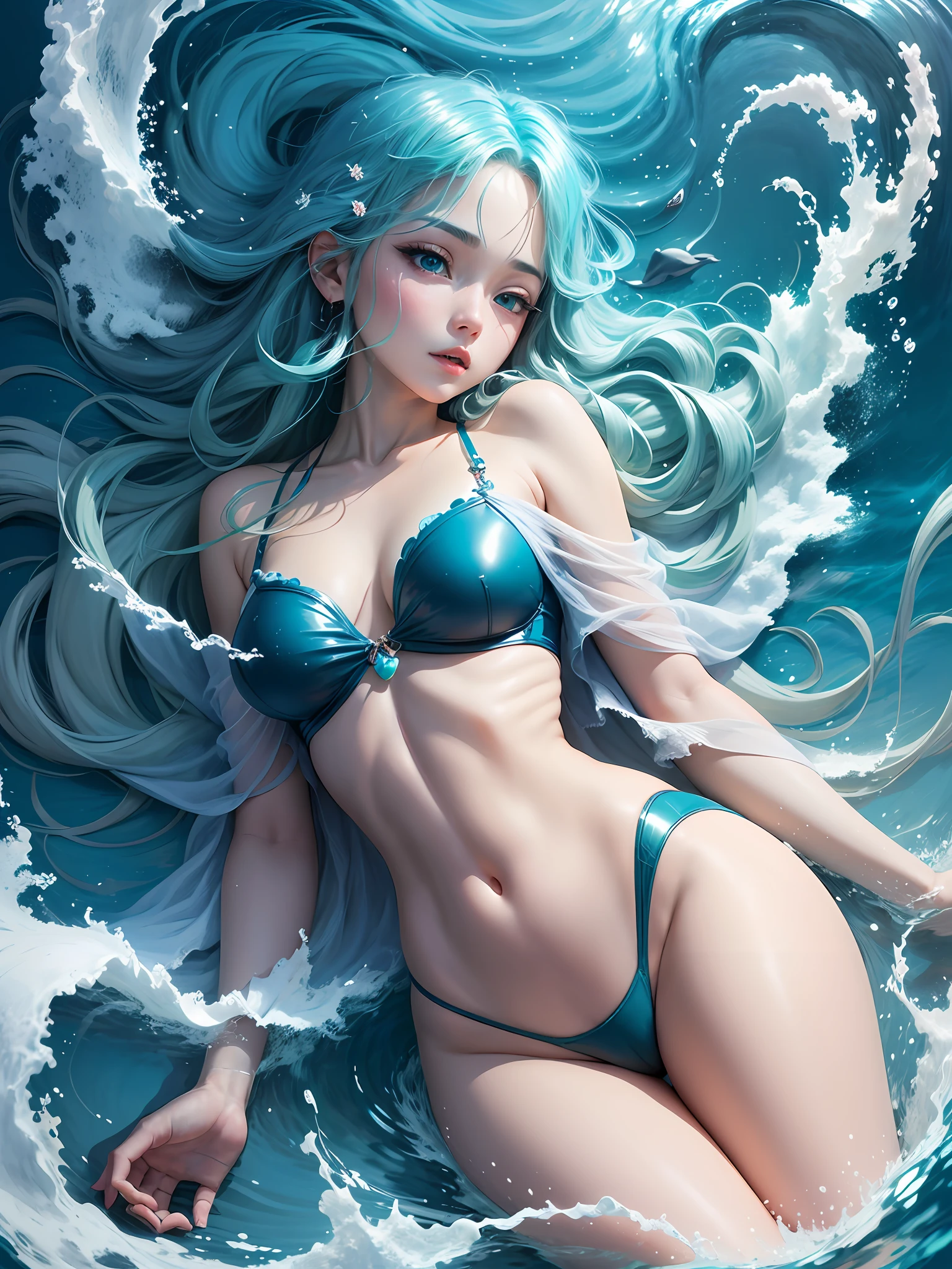 vast blue ocean with dolphins playing, magical glow on surface, divine atmosphere, ghibili anime, --auto --s2