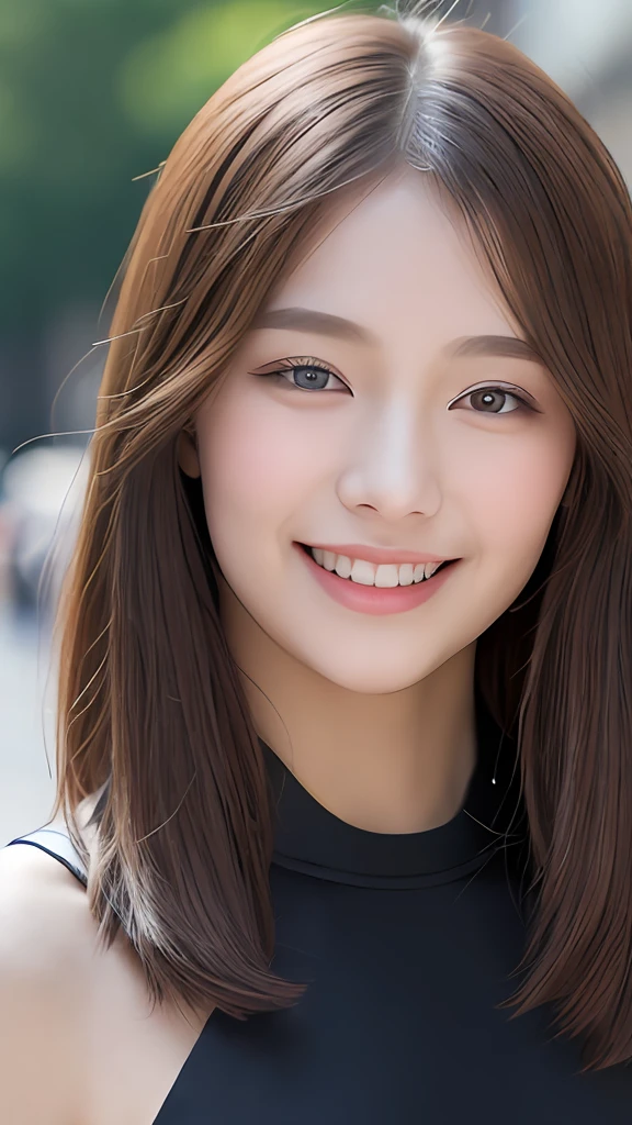 ((Best quality, 8k, Masterpiece :1.3)), 1girl, smiling, full body, slim face, Pretty woman, (Dark brown hair), full length dress :1.1, Ultra-detailed face, Detailed eyes, Double eyelid, blur background, slim face, city, outside, street,