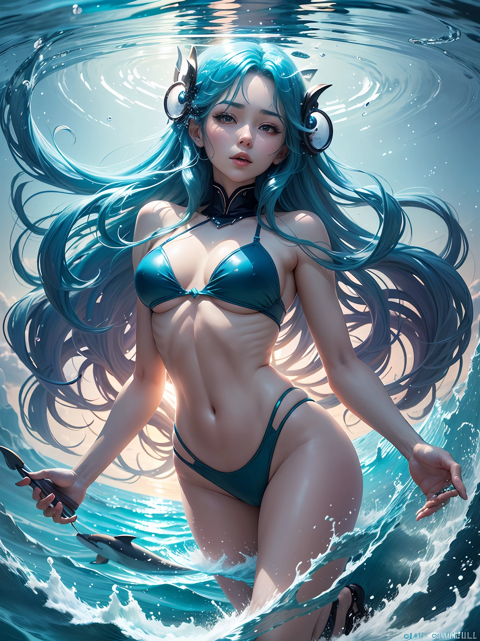 vast blue ocean with dolphins playing, magical glow on surface, divine atmosphere, ghibili anime, --auto --s2