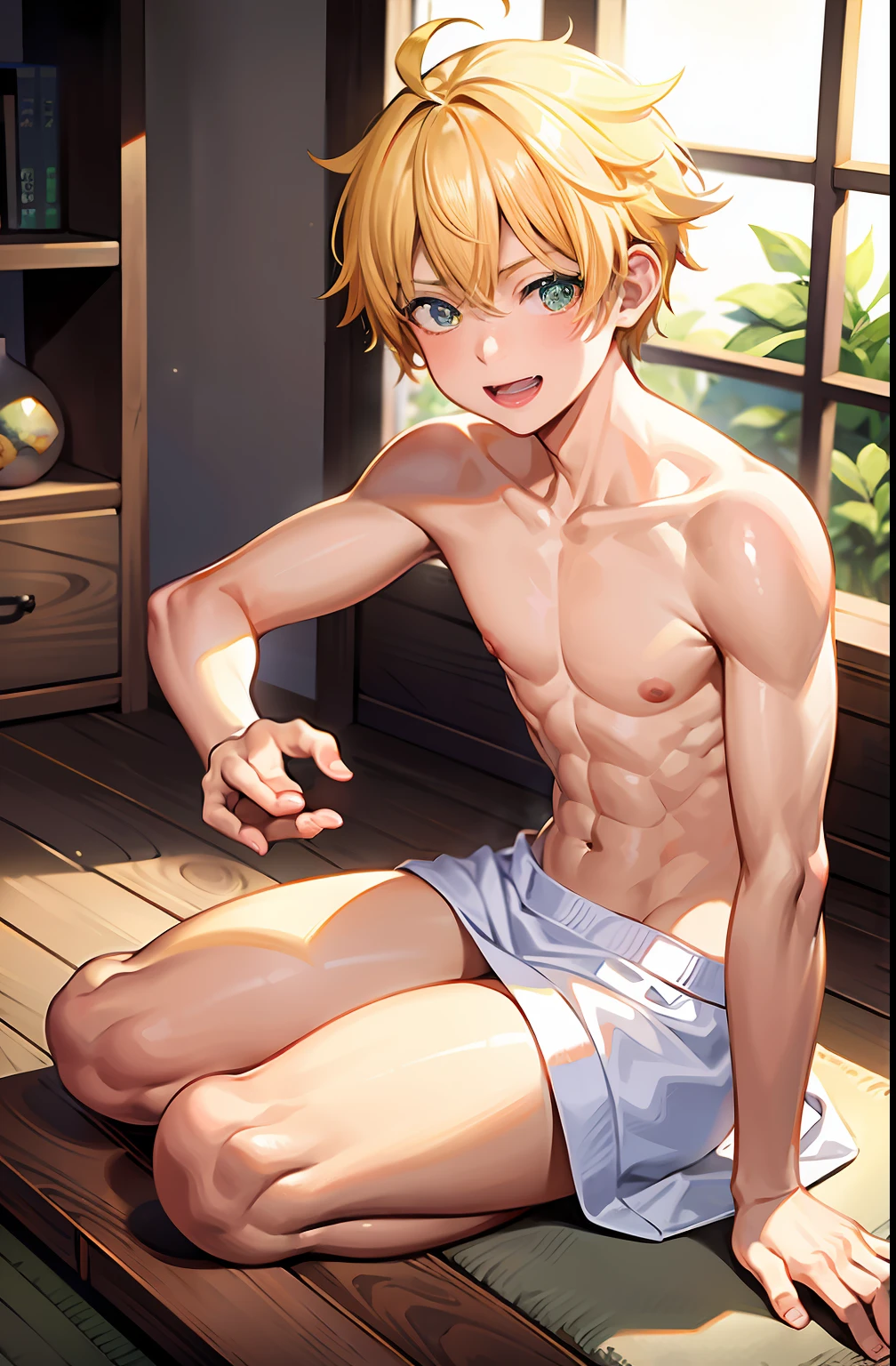 masterpiece, best quality, high quality, 1boy,10yo, , duo, male focus, full body, looking at viewer, yellow hair,spiky hairstyle, short hair, steam smork, japan style, anime coloring, shy, home muji style, detailed face, topless, white towel on waist, playing game, excited, happiness