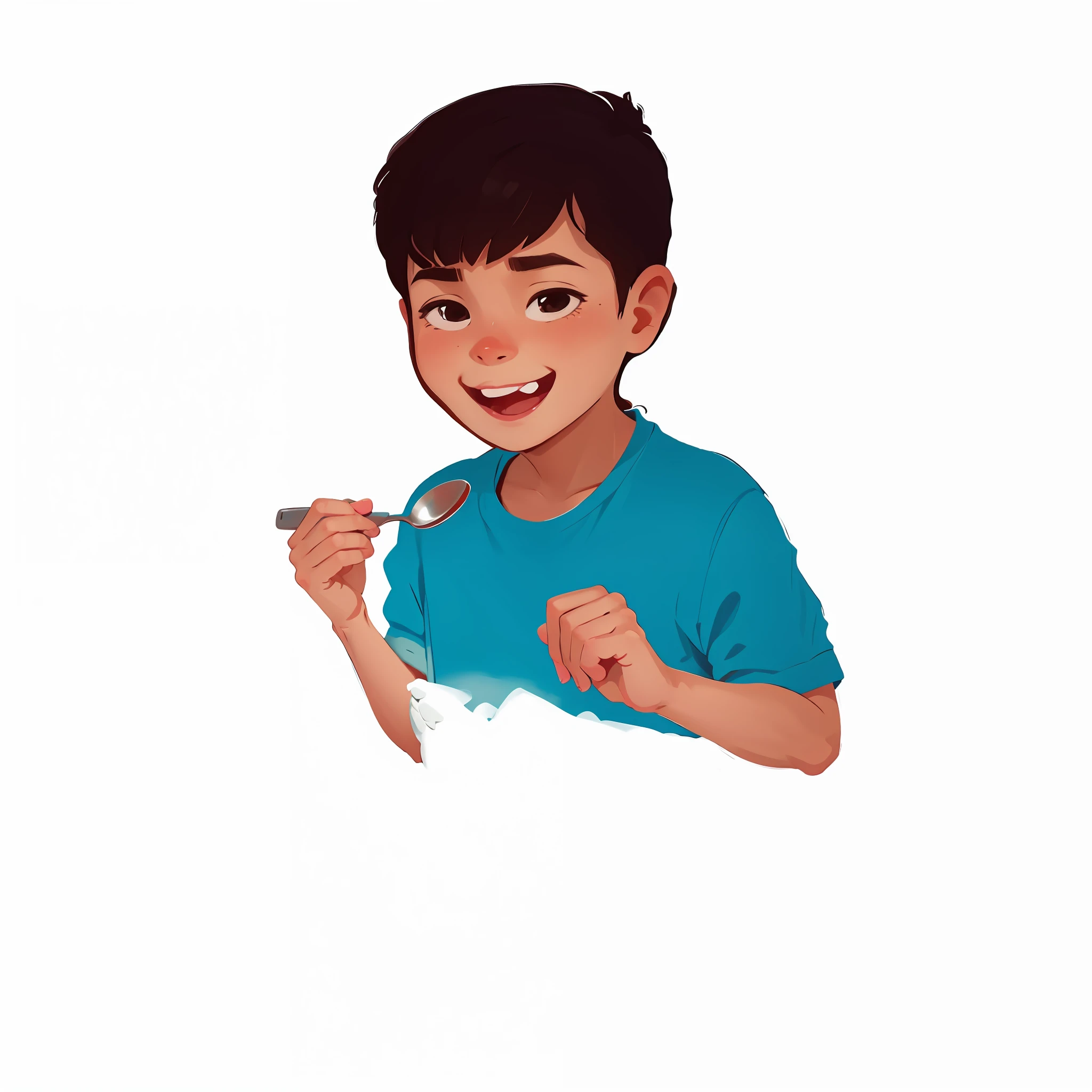 There is a cartoon boy holding a spoon and a spoon in his hand, comer sorvete - creme, comer sorvete, arte conceitual do menino solteiro, children illustration, childrens illustration, official illustration, caricature illustration, [ arte digital ]!!, cabrito, color digital illustration, Arte Oficial, 2d illustration, 2d illustration, Cartoon style illustration, delicioso, illustration for children
