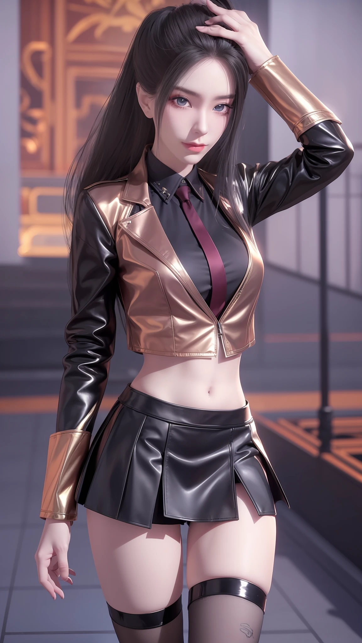 there is a woman in a skirt and a jacket posing for a picture, Surrealism female students, Surrealism female students, Realistic schoolgirl, thighhighs and skirt, photorealistic anime girl rendering, 3 d anime realistic, Smooth anime CG art, photorealistic full body, Photorealistic anime, Realistic anime 3 D style, photorealistic perfect body, wearing skirt and high socks