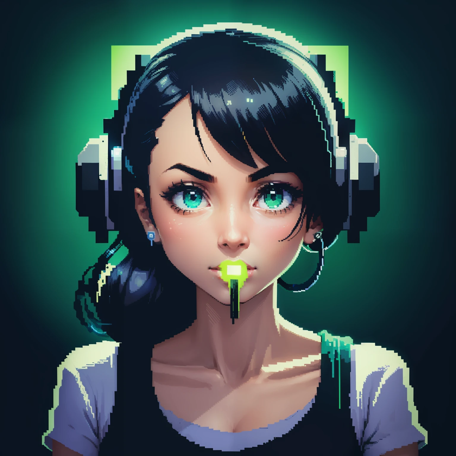 arafed woman with a green pixel headphone in her mouth, pixel art inspired by Victor Mosquera, tumblr, pixel art, in tshirt, very very low quality picture, low quality photo, (((((((no glow))))))), 8 bit, 8bit, bored, pixellated, pixels huh, tshirt!!, desaturated!!, pixilated,anime