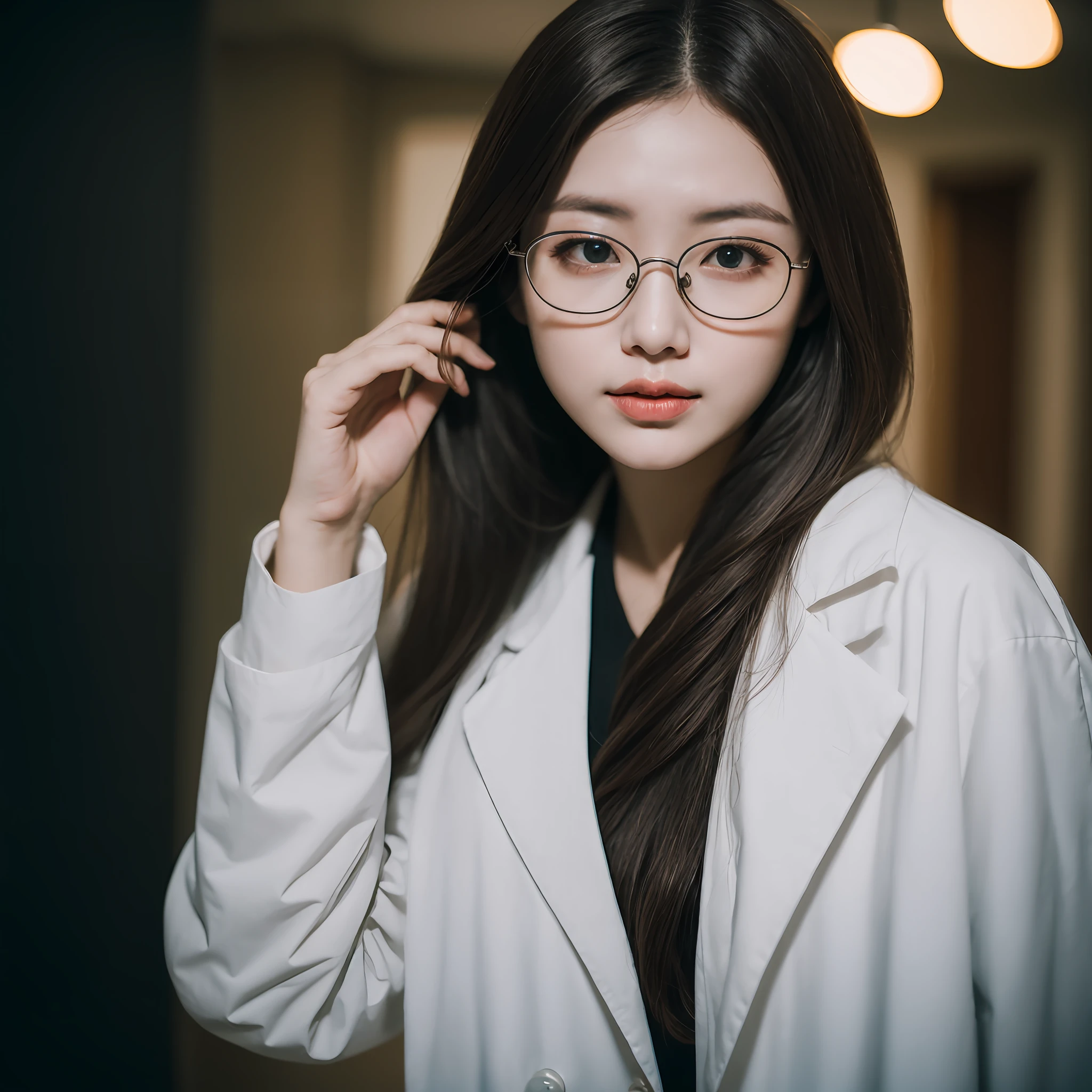 best qualitc,Masterpiece、,resoulution ultra-Highresolution,RAW photos,(lifelike:1.4),A woman with rimless glasses,Doctor white coat,(narrow waists:1.2),long long hair,in hospital,bokeh,beautiful lights