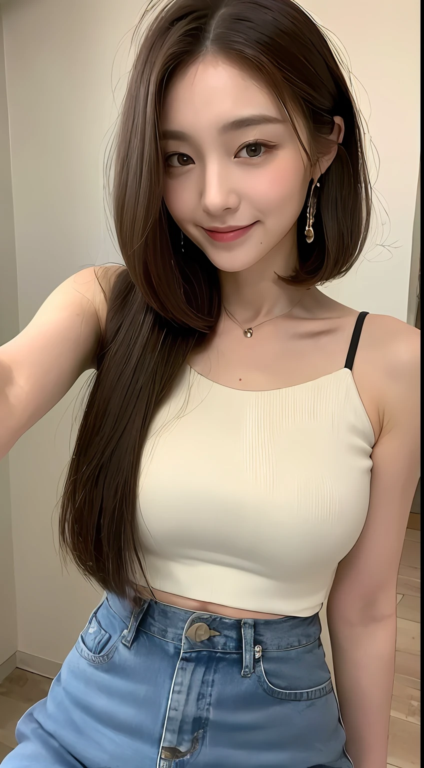 ((top-quality、8K、​masterpiece:1.3))、1girl in、Slim Abs Beauty:1.3、(Hairstyle Casual、huge :1.2)、doress:1.1、Sr fine face、Delicat eyes、二重まぶた、a smile、home、bending forward