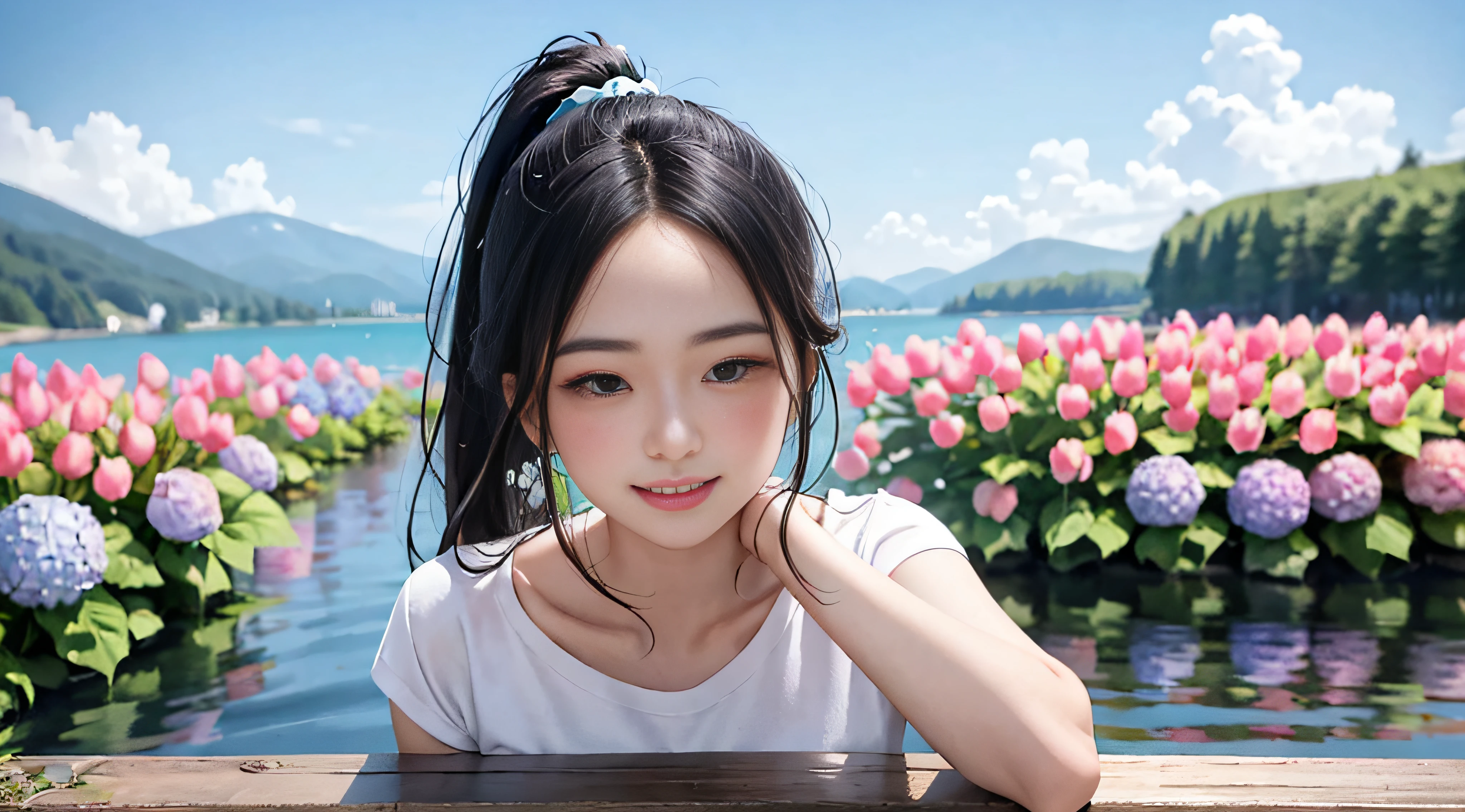 In a blue sky,There are seven rainbows of flowers in the summer daytime,and the sun was shining brightly,There is soft natural light, dingdall effect,An intimate portrait of a young girl about eighteen years old,The girl's appearance is thick eyebrows,There are big watery eyes,The girl has long black hair,Wear crossed bangs,front ponytail,The head is adorned with rabbit ears,She blushed,Standing on a wooden dock wearing a pale green T-shirt,Next to the girl there is also a cute black and white border collie,A wooden pier juts out onto the tranquil lake,The girl looked at the viewer with a closed mouth and a toothy smile,A hand beckons to the viewer,A happy smile on his face。The sun casts a warm glow on the scene,Illuminates the ripples in the water,Cast a soft shadow on the girl's face。Behind her,A sea of purple and red flowers stretches into the distance,There are peony flowers,Rosa flowers,hydrangeas,The wide variety of flowers contrasts with the pale blue sky above。Despite the tranquility of the surroundings,But there was a clear sense of joy in the girl。