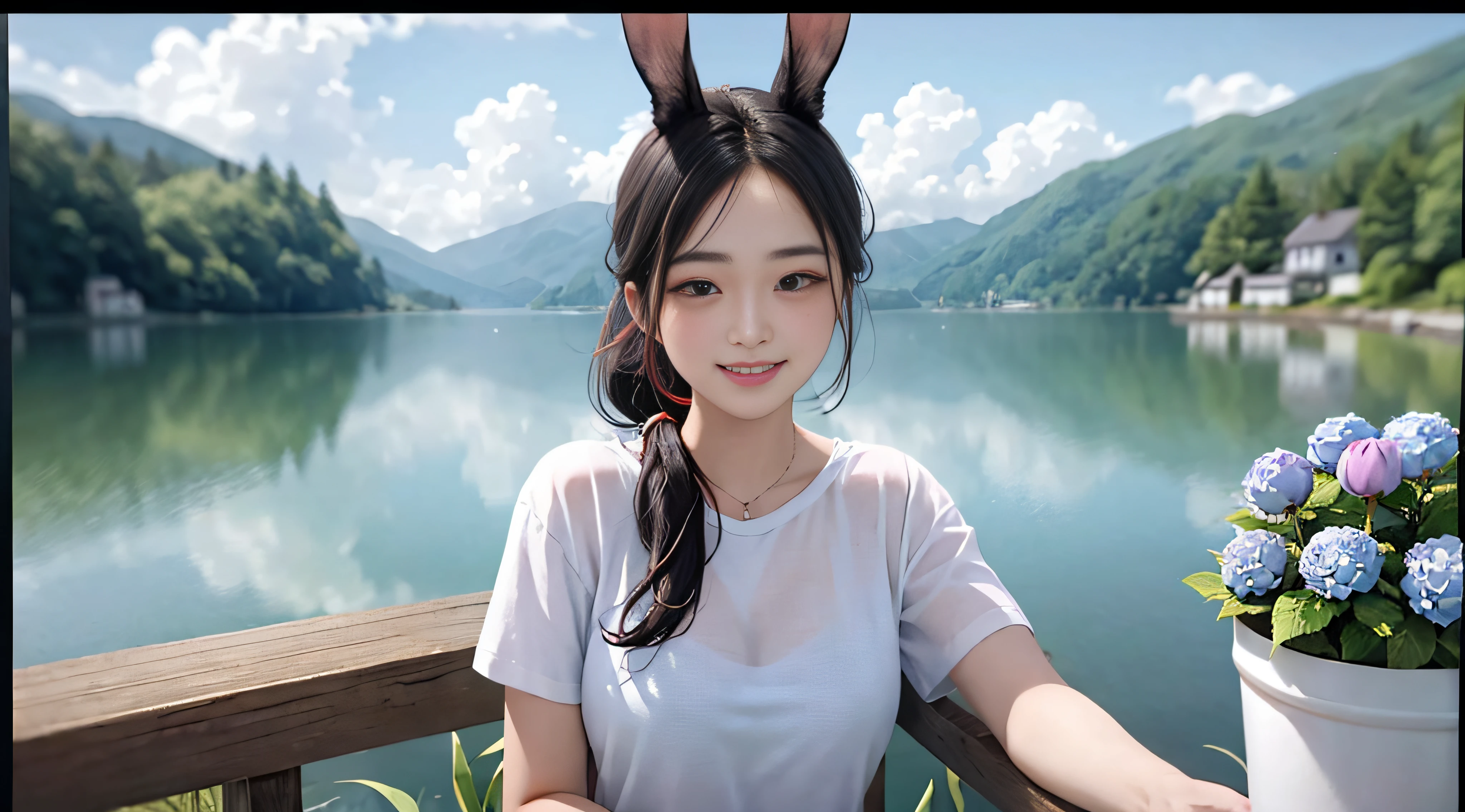 In a blue sky，There are seven rainbows of flowers in the summer daytime，and the sun was shining brightly，There is soft natural light, dingdall effect，An intimate portrait of a young girl about eighteen years old，The girl's appearance is thick eyebrows，There are big watery eyes，The girl has long black hair，Wear crossed bangs，front ponytail，The head is adorned with rabbit ears，She blushed，Standing on a wooden dock wearing a pale green T-shirt，Next to the girl there is also a cute black and white border collie，A wooden pier juts out onto the tranquil lake，The girl looked at the viewer with a closed mouth and a toothy smile，A hand beckons to the viewer，A happy smile on his face。The sun casts a warm glow on the scene，Illuminates the ripples in the water，Cast a soft shadow on the girl's face。Behind her，A sea of purple and red flowers stretches into the distance，There are peony flowers，Rosa flowers，hydrangeas，The wide variety of flowers contrasts with the pale blue sky above。Despite the tranquility of the surroundings，But there was a clear sense of joy in the girl。