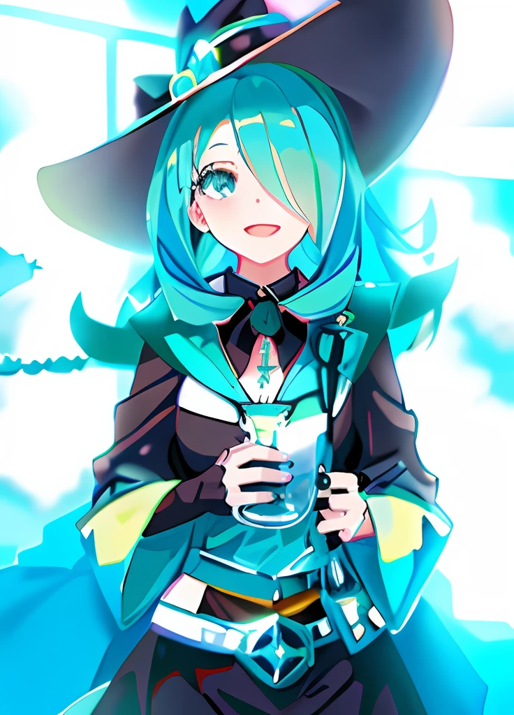 Anime girl in witch costume holding a glass of wine, witch academia, little witch academia, The Witch, portrait of a young witch girl, , wataru kajika, female occultist, alchemist girl, Portrait of a witch, anime girl with long blue hair and a white shirt and black skirt, Hatsune Miku, Portrait of Hatsune Miku, Hatsune Miku short hair, vocaloid, hatsune miku portrait, Os amigos, mikudayo, Anime girl with teal hair, Hatsune Miku cosplay, hatsune miku face, style of anime4 K, An anime girl, attractive anime girls,Smile with teeth bared