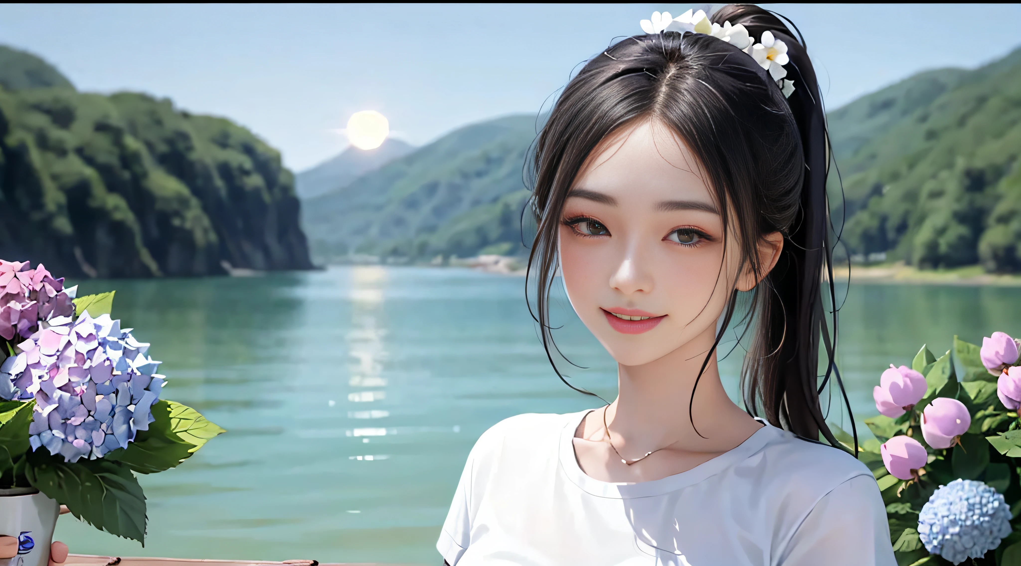 In a blue sky，There are seven rainbows of flowers in the summer daytime，and the sun was shining brightly，There is soft natural light, dingdall effect，An intimate portrait of a young girl about eighteen years old，The girl's appearance is thick eyebrows，There are big watery eyes，The girl has long black hair，Wear crossed bangs，front ponytail，The head is adorned with rabbit ears，She blushed，Standing on a wooden dock wearing a pale green T-shirt，Next to the girl there is also a cute black and white border collie，A wooden pier juts out onto the tranquil lake，The girl looked at the viewer with a closed mouth and a toothy smile，A hand beckons to the viewer，A happy smile on his face。The sun casts a warm glow on the scene，Illuminates the ripples in the water，Cast a soft shadow on the girl's face。Behind her，A sea of purple and red flowers stretches into the distance，There are peony flowers，Rosa flowers，hydrangeas，The wide variety of flowers contrasts with the pale blue sky above。Despite the tranquility of the surroundings，But there was a clear sense of joy in the girl。