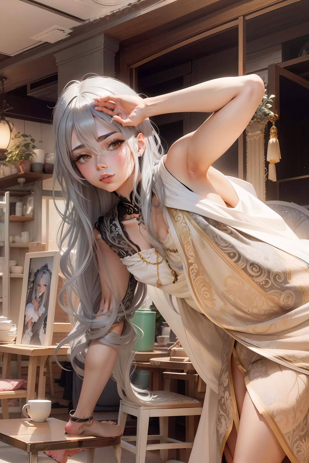 Anime version，Full-length gray hair with highly intricate details，light and shadow effect，