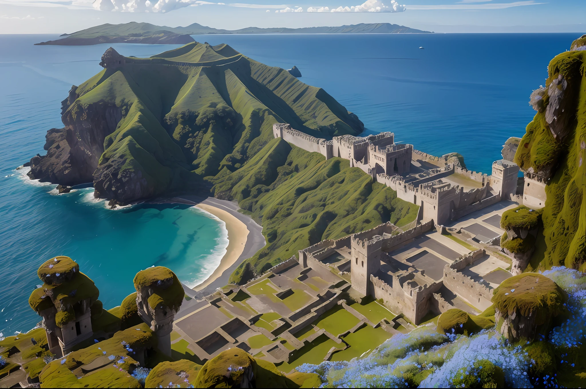 RAW photo, best, masterpiece, best quality, high quality, extremely detailed, (An ancient palace and towers: 1.4), (next to a volcanic island in the Gulf of Baia: 1.3), (waves break furiously: 1.3 ), (everything is covered with moss and blue flowers:1.2), intricate details, natural light
