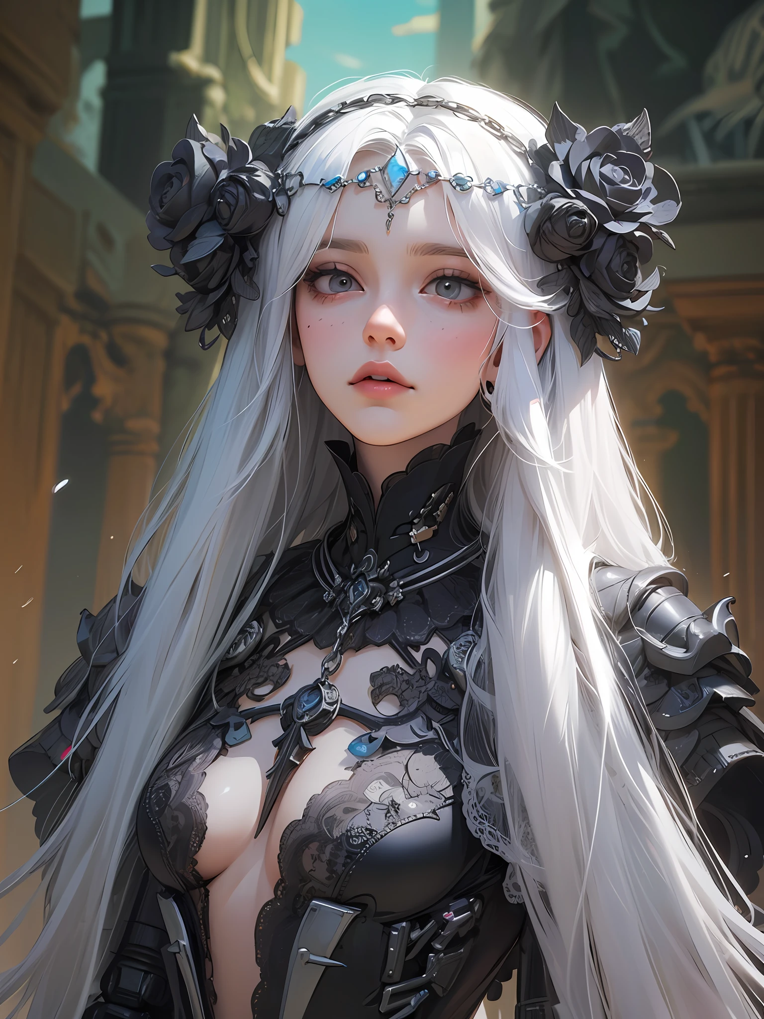 (Artwork of exceptional craftsmanship),(Detailed illustrations,(Very ideal anatomy),Very detailed and detailed drawing,Delicate lines with slow and rapid,(Realistic texture expression)),[Color tressed main line],[ruins background],HENTAI ANIME (MACHINEAlice (Beautiful fece) (Tall [High class] sixteen years old (Smooth straight hair [Crystal clear long hair]))) AUTOMATON,((Black dress) Black Rose (Lace pattern [caltrop]) ((Cybernean Alien Armor) ((Through the material))) (Cybernetic Gothic Lolita [Titanium alloy] [chains])),[Bondage Fashion],(Perfectly proportioned),(Fine and beautiful skin expression [realistic skin detail]),[Design built to the highest level,[Advanced structural understanding of materials],Ideal color coordination],(Intricate and beautiful decoration [Dense detail]),(More on shiny hair),[Perfect hand details [Beautiful Finger]],(Beautiful perfect face [Realistic face details]),[Clear gaze],[long and beautiful eyelashes],[Perfect eye details (Eyes beautifully drawn down to the smallest detail)],(detaileds,high-detail),([Precision Detail],[multi-layer texture],HighQuality,hight resolution),[(Accurate simulation of light-material interactions),Understanding Airflow,Mechanically correct representation],[Visual art that conveys a sense of narrative] [Full body like],[[Desaturation]].