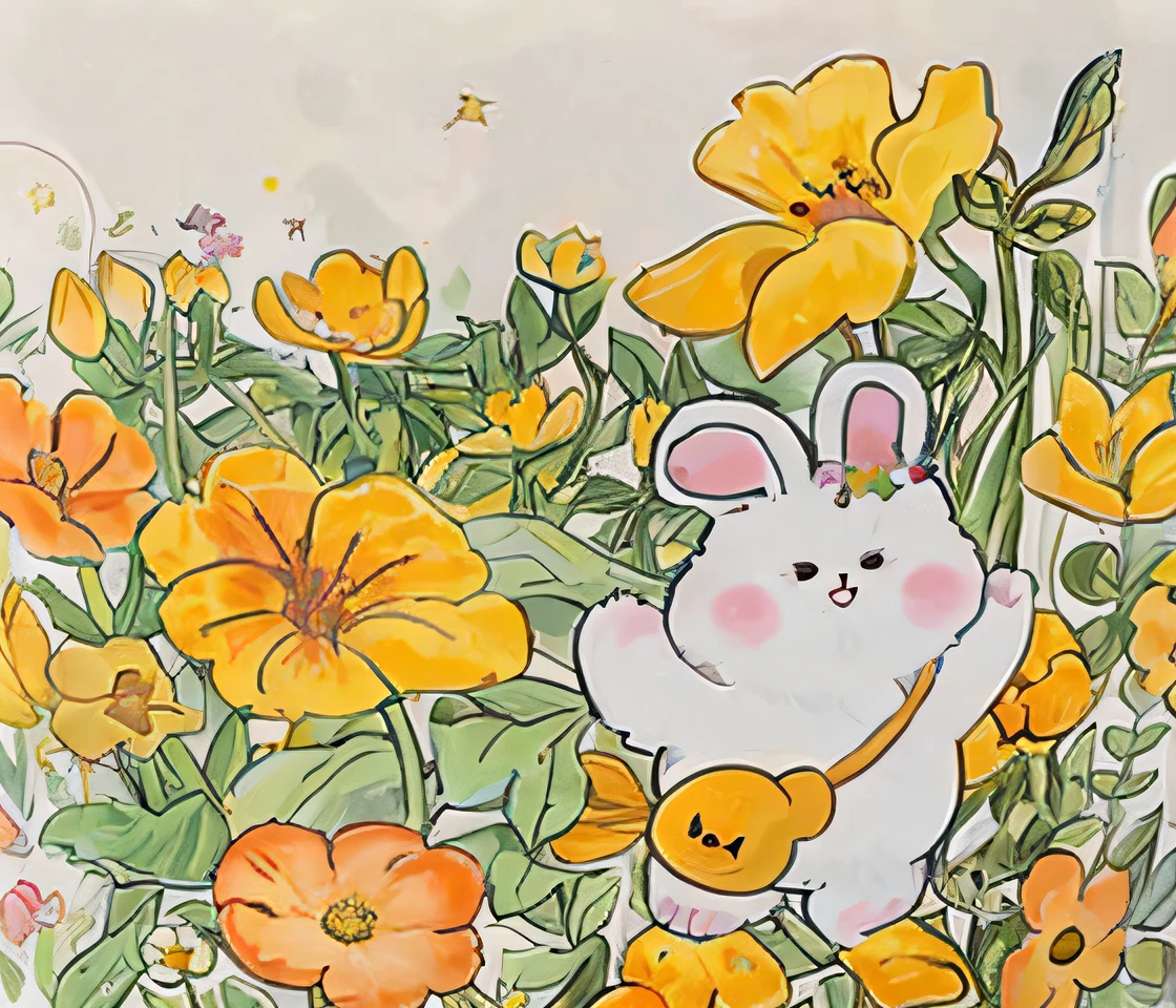 white backgrounid，There is a rabbit and flowers on it, author：Reiko Ikemura, author：Nakai Tsubasa, komono, author：Chiho Aoshima, author：Miu Komatsu, author：Koichiro Kume, author：Naohisa Inoue, by Chizuko Yoshida, in a field of flowers, author：Yuki Ogura