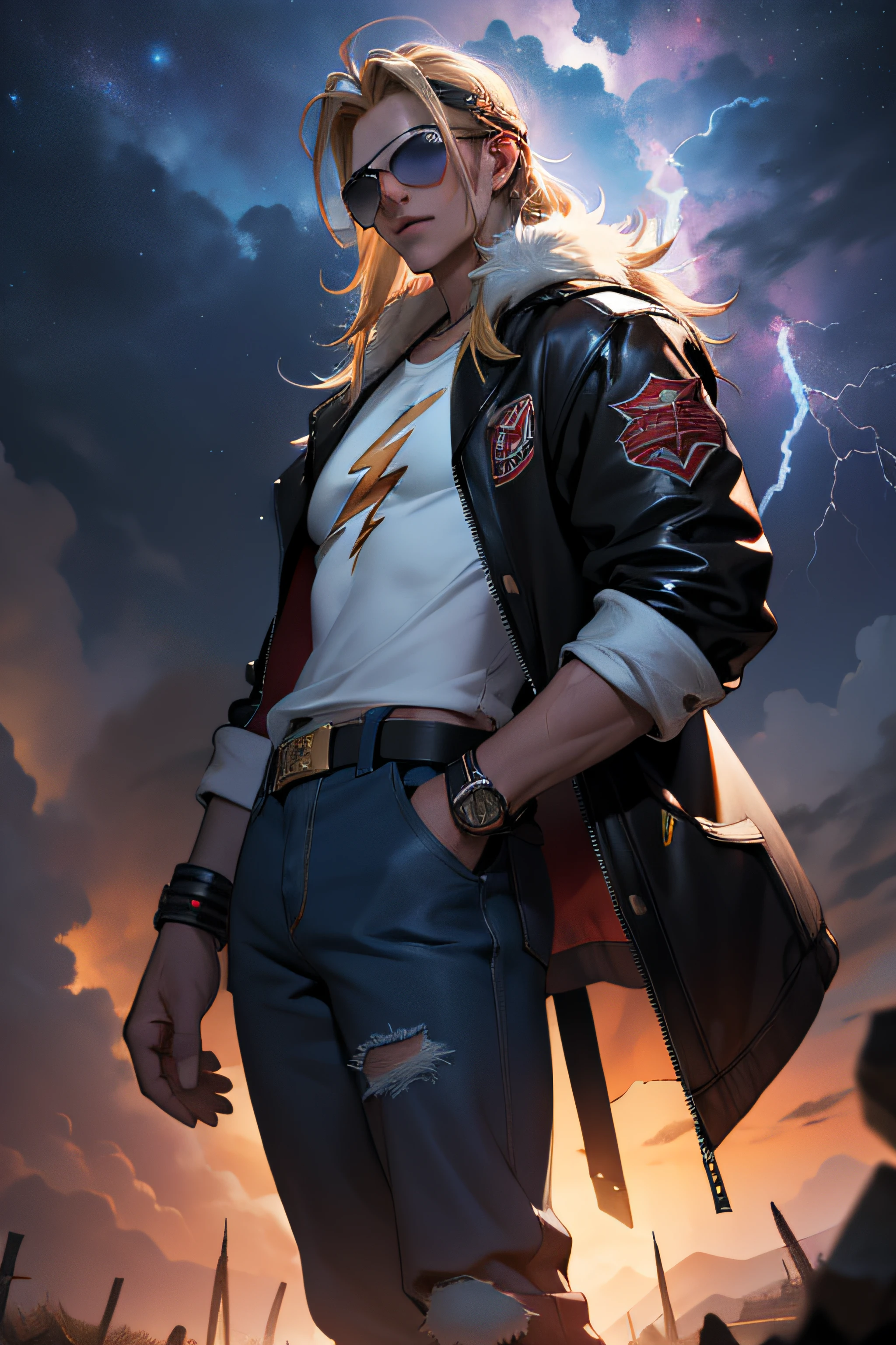 1 solo Zeus com as roupas de Terry Bogard pretas, with sunglasses, raios ao redor de si, thunder, thunder , cabelo blond, roupas pretas, vestes pretas, Nebula and smoke, black cloth, both hands together holding a lightning bolt, um thunder, tempo fechado, tempo nublado, tempo escuro, cidade, raios ao redor , com o planeta terra no fundo, and lightning in the hand