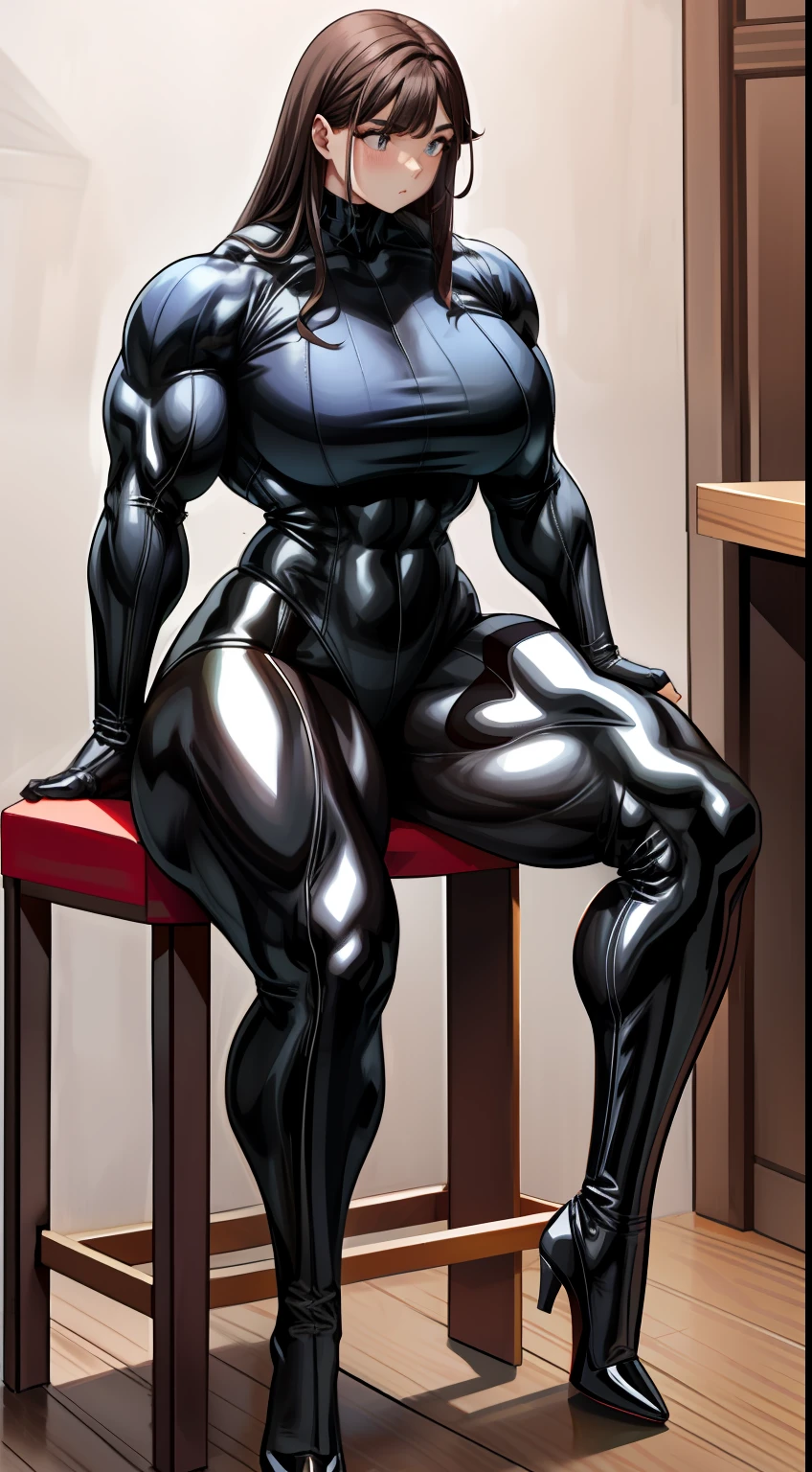 tmasterpiece,Best quality at best,Burly woman,sitting on a stool,Exaggerated large muscles,Long-sleeved latex clothing,stocklings,Pointed-toe heels,Full body like,beautiful attractive face, Single female,Thin waist,Very broad shoulders, Strong and powerful arms,Strong and powerful leg muscles,thick calf,long leges