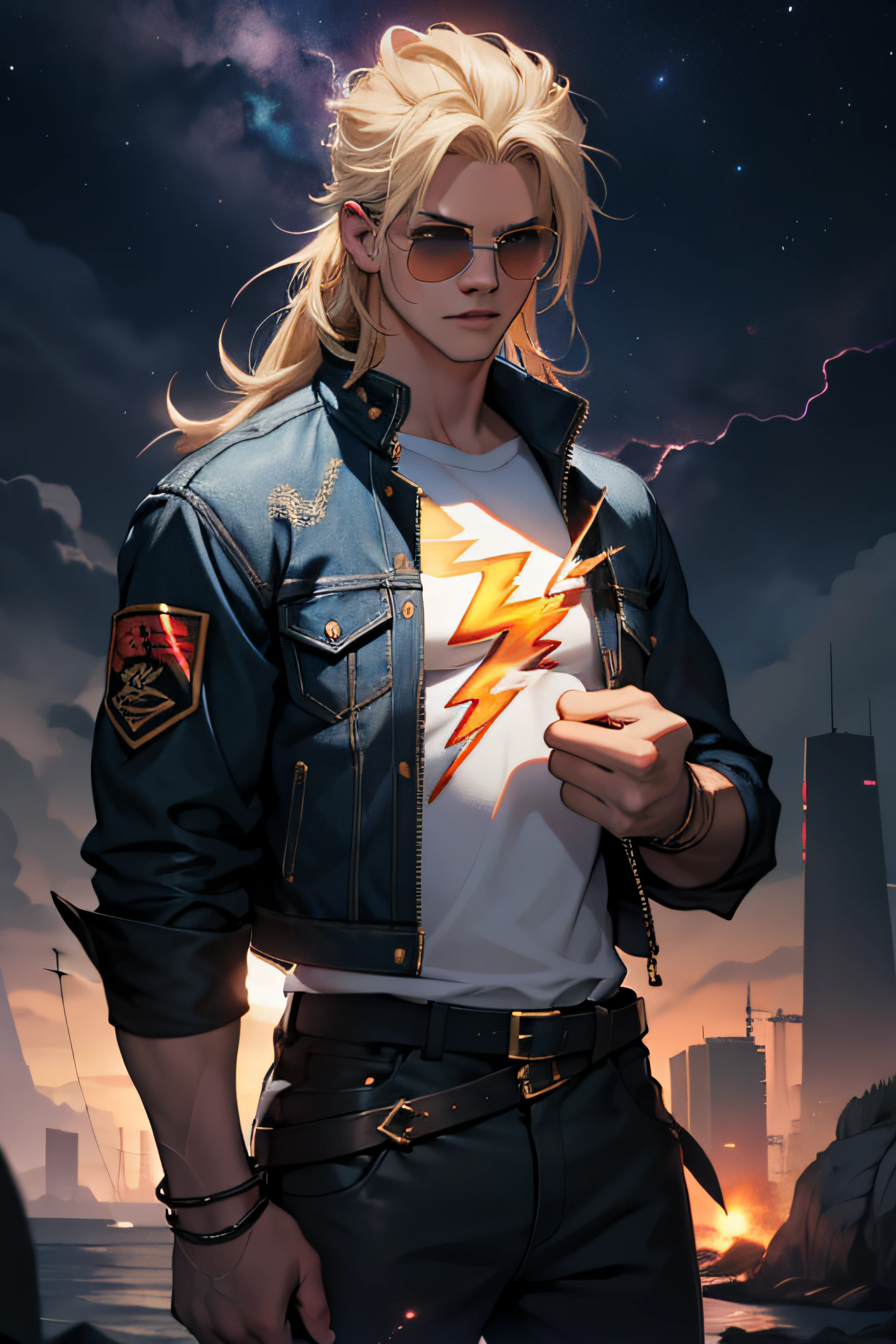 1 solo Zeus com as roupas de Terry Bogard pretas, with sunglasses, raios ao redor de si, thunder, thunder , cabelo blond, roupas pretas, vestes pretas, Nebula and smoke, black cloth, both hands together holding a lightning bolt, um thunder, tempo fechado, tempo nublado, tempo escuro, cidade, raios ao redor , com o planeta terra no fundo, and lightning in the hand