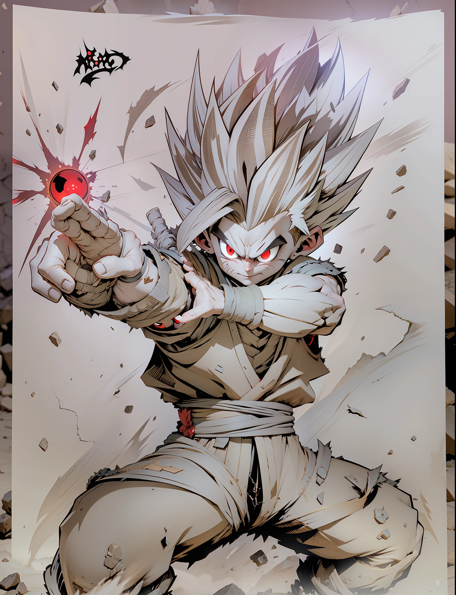 masterpiece, best quality, ultra-detailed, Adult Gohan 1boy, solo, Full body, evil smile, Gold glowing hair, spiked hair, (((red eyes))), (((perfect eyes))), ))), full body, looking at viewer, male focus, earth \(planet\), planet, cracked ground and lots of rocks rising up, lots of debris going up, perfect hands . Cute, chibi, wearing tattered tank shirt and toren clothing, full body glowing gold aura, dark
